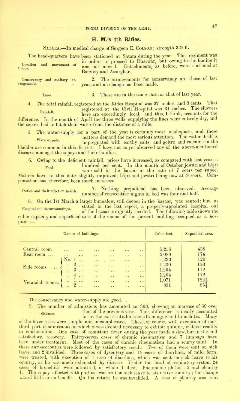 4? H. M.’s 4th Rifles. Satara.—In medical charge of Surgeon E. Colson ; strength 322'6. The head-quarters have been stationed at Satara during the year. The regiment was in orders to proceed to Dharwar, but owing to the famine it was not moved. Detachments, as before, were stationed at Bombay and Assirghar. 2. The arrangements for conservancy are those of last year, and no change has been made. 3. These are in the same state as that of last year. Location and movement of troops. Conservancy and sanitary ar- rangements. Lines. 4. The total rainfall registered at the Rifles Hospital was 27 inches and 8 cents. That registered at the Civil Hospital was 31 inches. The showers ainfahere are exceedingly local, and this, I think, accounts for the difference. In the month of April the three wells supplying the lines were entirely dry, and the sepoys had to fetch their water from the distance of a mile. 5. The water-supply for a part of the year is certainly most inadequate, and these matters demand the most serious attention. The water itself is atei -supply. impregnated with earthy salts, and goitre and calculus in the bladder are common in this district. I have not as yet observed any of the above-mentioned diseases amongst the sepoys and their families. 6. Owing to the deficient rainfall, prices have increased, as compared with last year, a Food hundred per cent. In the month of October jowari and bajri were sold in the bazaar at the rate of 7 seers per rupee. Matters have to this date slightly improved, bajri and jowari being now at 9 seers. Com- pensation has, therefore, been much increased. ^ , ... 7. Nothing prejudicial has been observed. Average number of consecutive nights in bed was four and halt. 8. On the 1st March a larger bungalow, still deeper in the bazaar, was rented ; but, as . stated in the last report, a properly-appointed hospital out Hospital and its surroundings. of ^ Wa].urgentfy n’eedi The following table shows the cubic capacity and superficial area of the rooms of the present building occupied as a hos- pital :— Names of buildings. Cubic feet. Superficial area. Central room Rear room ... Side rooms Verandah rooms. 5,256 438 2,088 174 1,230 120 1,230 120 1,204 112 1,204 112 1,071 1221 831 Sol The conservancy and water-supply are good. 9. The number of admissions has amounted to 363, showing an increase of 60 over Sickness that the Previ°us year. This difference is nearly accounted for by the excess of admissions from ague and bronchitis. Many of the fever cases were simple and uncomplicated. These, of course, with exception of one- third part of admissions, in which it was deemed necessary to exhibit quinine, yielded readily to cinchonidine. One case of remittent fever during the year made a slow, but in the end satisfactory, recovery. Thirty-seven cases of chronic rheumatism and 7 lumbago have been under treatment. Most of the cases of chronic rheumatism had a scurvy taint. In these anti-scorbutics were followed by satisfactory result. Two of them were sent on sick leave, and 2 invalided. Three cases of dysentery and 14 cases of diarrhoea, of mild form, were treated, with exception of 1 case of diarrhoea, which was sent on sick leave to his country, as he was much exhausted by disease. Under the head of respiratory system 24 cases of bronchitis were admitted, of whom 1 died. Pneumonic phthisis 2, and pleurisy 1. The sepoy affected with phthisis was sent on sick leave to his native country ; the change was of little or no benefit. On his return he was invalided„ A case of pleurisy was sent