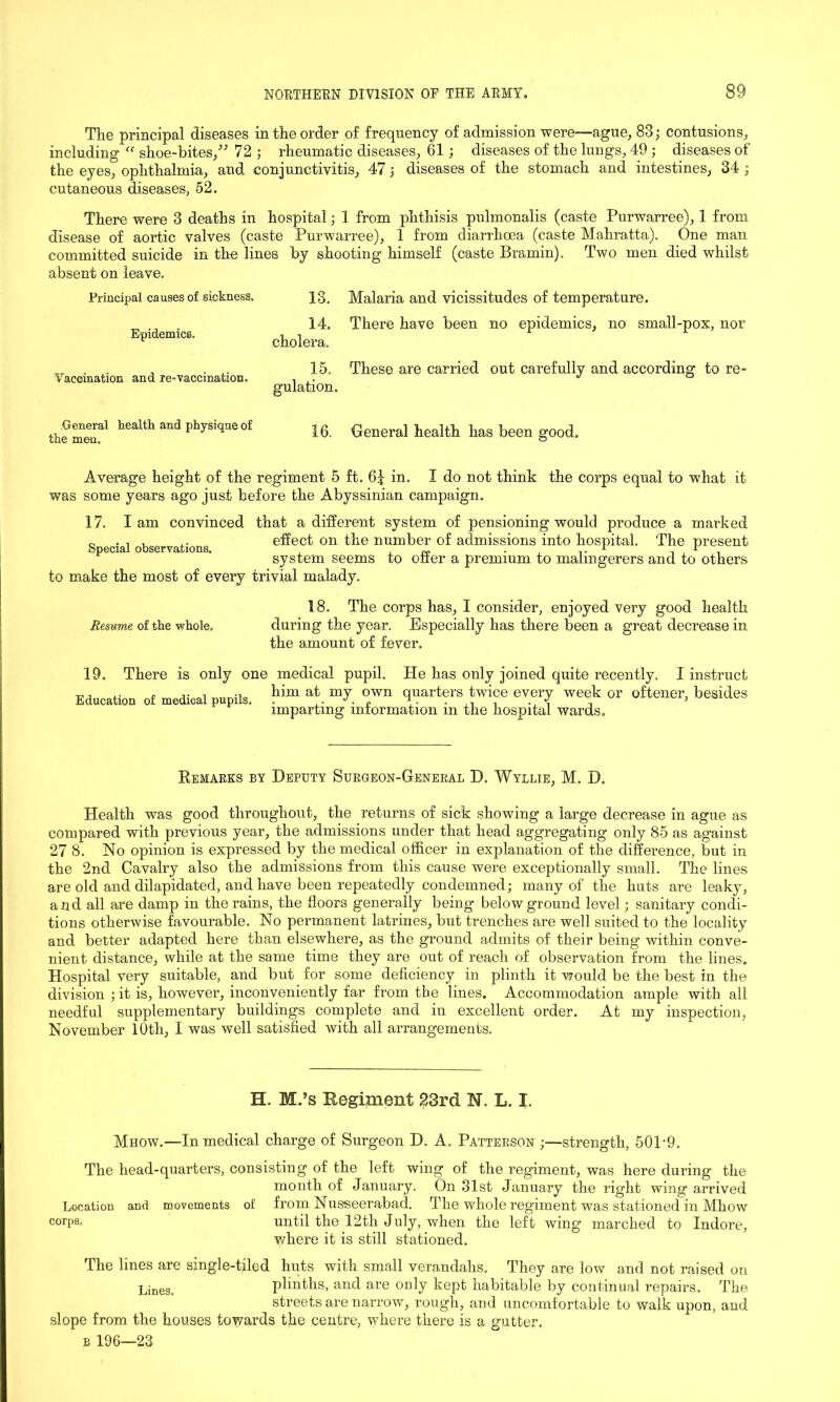 The principal diseases in the order of frequency of admission were—ague, 83; contusions, including “ shoe-bites/' 72 ; rheumatic diseases, 61; diseases of the lungs, 49; diseases of the eyes, ophthalmia, and conjunctivitis, 47; diseases of the stomach and intestines, 34 ; cutaneous diseases, 52. There were 3 deaths in hospital; 1 from phthisis pulmonalis (caste Purwarree), 1 from disease of aortic valves (caste Purwarree), 1 from diarrhoea (caste Mahratta). One man committed suicide in the lines by shooting himself (caste Bramin). Two men died whilst absent on leave. Malaria and vicissitudes of temperature. There have been no epidemics, no small-pox, nor These are carried out carefully and according to re- General health has been good. Principal causes of sickness. 13. . 14. v cholera. Vaccination and re-vaccination. General health and physique of the men 15. gulation. Average height of the regiment 5 ft. in. I do not think the corps equal to what it was some years ago just before the Abyssinian campaign. 17. I am convinced that a different system of pensioning would produce a marked S cial observations effect on the number of admissions into hospital. The present system seems to offer a premium to malingerers and to others to make the most of every trivial malady. Resume of the whole. 18. The corps has, I consider, enjoyed very good health during the year. Especially has there been a great decrease in the amount of fever. 19. There is only one medical pupil. He has only joined quite recently. I instruct Education of medical pupils. him at. °wn quarters twice every week or oftener, besides imparting information m the hospital wards. Remarks by Deputy Surgeon-General D. Wyllie, M. D. Health was good throughout, the returns of sick showing a large decrease in ague as compared with previous year, the admissions under that head aggregating only 85 as against 27 8. No opinion is expressed by the medical officer in explanation of the difference, but in the 2nd Cavalry also the admissions from this cause were exceptionally small. The lines are old and dilapidated, and have been repeatedly condemned; many of the huts are leaky, and all are damp in the rains, the floors generally being below ground level; sanitary condi- tions otherwise favourable. No permanent latrines, but trenches are well suited to the locality and better adapted here than elsewhere, as the ground admits of their being within conve- nient distance, while at the same time they are out of reach of observation from the lines. Hospital very suitable, and but for some deficiency in plinth it would be the best in the division ; it is, however, inconveniently far from the lines. Accommodation ample with all needful supplementary buildings complete and in excellent order. At my inspection, November 10th, I was well satisfied with all arrangements. H. M.’s Regiment 23rd N. L. I. Mhow.—In medical charge of Surgeon D. A. Patterson ;—strength, 501-9. The head-quarters, consisting of the left wing of the regiment, was here during the month of January. On 31st January the right wing arrived Location and movements of from Nusseerabad. The whole regiment was stationed in Mhow corps. until the 12th July, when the left wing marched to Indore, where it is still stationed. The lines are single-tiled huts with small verandahs. They are low and not raised on Lines. plinths, and are only kept habitable by continual repairs. The streets are narrow, rough, and uncomfortable to walk upon, and slope from the houses towards the centre, where there is a gutter.