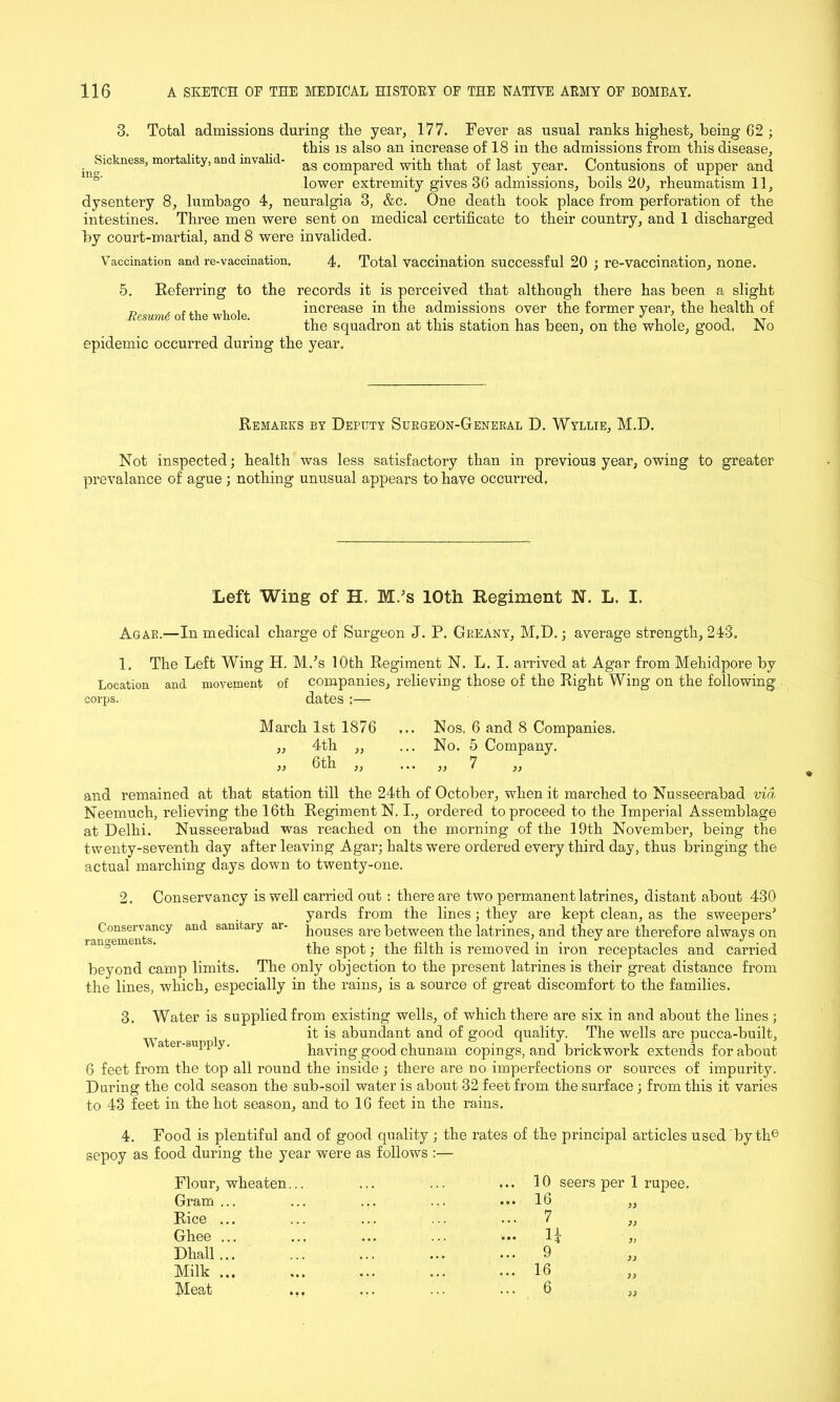 3. Total admissions during the year, 177. Fever as usual ranks highest, being 62 ; this is also an increase of 18 in the admissions from this disease, ^Sickness, mortality, and invalid- ag compare(j with that of last year. Contusions of upper and lower extremity gives 36 admissions, boils 20, rheumatism 11, dysentery 8, lumbago 4, neuralgia 3, &c. One death took place from perforation of the intestines. Three men were sent on medical certificate to their country, and 1 discharged by court-martial, and 8 were invalided. Vaccination and re-vaccination. 4. Total vaccination successful 20 ; re-vaccination, none. 5. Referring to the records it is perceived that although there has been a slight „ ... , , increase in the admissions over the former year, the health of the squadron at this station has been, on the whole, good. No epidemic occurred during the year. Remarks by Deputy Surgeon-General D. Wyllie, M.D. Not inspected; health was less satisfactory than in previous year, owing to greater prevalance of ague ; nothing unusual appears to have occurred, Left Wing of H. M/s 10th Regiment N. L. I. Agar.—In medical charge of Surgeon J. P. Greany, M.D.; average strength, 243. 1. The Left Wing H. M/s 10th Regiment N. L. I. arrived at Agar from Mehidpore by Location and movement of companies, relieving those of the Right Wing on the following corps. dates ;— March 1st 1876 ... Nos. 6 and 8 Companies. ,, 4th ,, ... No. 5 Company. ,, 6th ,, ... ,, 7 ,, and remained at that station till the 24th of October, when it marched to Nusseerabad via Neemuch, relieving the 16th Regiment N. I., ordered to proceed to the Imperial Assemblage at Delhi. Nusseerabad was reached on the morning of the 19th November, being the twenty-seventh day after leaving Agar; halts were ordered every third day, thus bringing the actual marching days down to twenty-one. 2. Conservancy is well carried out : there are two permanent latrines, distant about 430 yards from the lines; they are kept clean, as the sweepers' ran °emeidsnCy and samtary ar' houses are between the latrines, and they are therefore always on the spot; the filth is removed in iron receptacles and carried beyond camp limits. The only objection to the present latrines is their great distance from the lines, which, especially in the rains, is a source of great discomfort to the families. 3. Water is supplied from existing wells, of which there are six in and about the lines ; Sl , 1 it is abundant and of good quality. The wells are pucca-built, a ei-sappy. having good chunam copings, and brickwork extends for about 6 feet from the top all round the inside ; there are no imperfections or sources of impurity. During the cold season the sub-soil water is about 32 feet from the surface; from this it varies to 43 feet in the hot season, and to 16 feet in the rains. 4. Food is plentiful and of good quality ; the rates of the principal articles used by th6 sepoy as food during the year were as follows :— Flour, wheaten. Gram ... Rice ... Ghee ... Dhall ... Milk ... Meat 10 seers per 1 rupee. 16 7 11 -l4 9 16 6