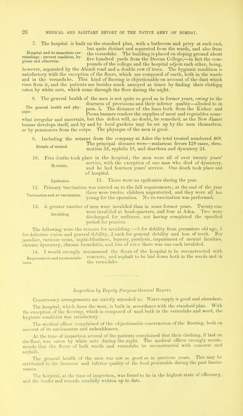 7. The hospital is built on the standard plan, with a bathroom and privy at each end, but quite distinct and separated from the wards, and also from Hospital and its immediate sur- the verandahs. The building is placed on sloping ground about ,t,0n' y‘ Mjed from the Deccan College,-in feet the com- pounds of the college and the hospital adjoin each other, being, however, separated by the Alundi road and a double row of trees. The hygienic condition is satisfactory with the exception of the floors, which are composed of earth, both in the wards and in the verandahs. This kind of flooring is objectionable on account of the dust which rises from it, and the patients are besides much annoyed at times by finding their clothing eaten by white ants, which come through the floor during the night. 8. The general health of the men is not quite so good as in former years, owing to the dearness of provisions and their inferior quality—alluded to in i us?6 ^eneral aut* P^y- para. 5. The distance of the lines both from the Kirkee and ' Poona bazaars renders the supplies of meat and vegetables some- what irregular and uncertain, but this defect will, no doubt, be remedied, as the New Jhansi bazaar develops itself, and by and by local gardens may be set up by the men themselves, or by pensioners from the corps. The physique of the men is good. 9. Including the returns from the company at Aden the total treated numbered 468. The principal diseases were—malarious fevers 128 cases, rheu- etai s o tieatei. matism 34, syphilis 18, and diarrhoea and dysentery 24. 10. Five deaths took place in the hospital; the men were all of over twenty years’ service, with the exception of one man who died of dysentery, and he had fourteen years’ service. One death took place out of hospital. Epidemics. 11. There were no epidemics during the year. 12. Primary vaccination was carried on to the full requirements; at the end of the year , . . there were twelve children unprotected, and they were all too Vaccination and re-vaccination. c ,, ,. -vr ,• r j youug for the operation. No re-vaccination was performed. 13. A greater number of men were invalided than in some former years. Twenty-one Invalidin')- were invalided at head-quarters, and four at Aden. Two were discharged for unfitness, not having completed the specified period for pension. The following were the reasons for invaliding:—5 for debility from premature old age, 3 for defective vision and general debility, 2 each for general debility and loss of teeth. For jaundice, varicose veins, night-blindness, leprosy, paralysis, impairment of mental faculties, chronic dysentery, chrouic bronchitis, and loss of voice there was one each invalided. 14. I would strongly recommend the floors of the hospital to be reconstructed with Requirements and recommenda- concrete, and asphalt to be laid down both in the wards and in tions. the verandahs. Inspection by Deputy Surgeon-General Beatty. Conservaucy arrangements are strictly attended to. Water supply is good and abundant. The hospital, which faces the west, is built in accordance with the standard plan. With the exception of the flooring, which is composed of mud both in the verandahs and ward, the hygienic condition was satisfactory. The medical officer complained of the objectionable construction of the flooring, both on account of its uncleanness and unhealthiness. At the time of inspection several of the patients complained that their clothing, if laid on the floor, was eaten by white ants during the night. The medical officer strongly recom- mends that the floors of both wards and verandahs be reconstructed with concrete and asphalt. The general health of the men was not so good as in previous years. This may be attributed to the dearness and inferior quality of the food procurable during the past famine season. The hospital, at the time of inspection, was found to be in the highest state of efficiency, and the books and records carefully written up to date.