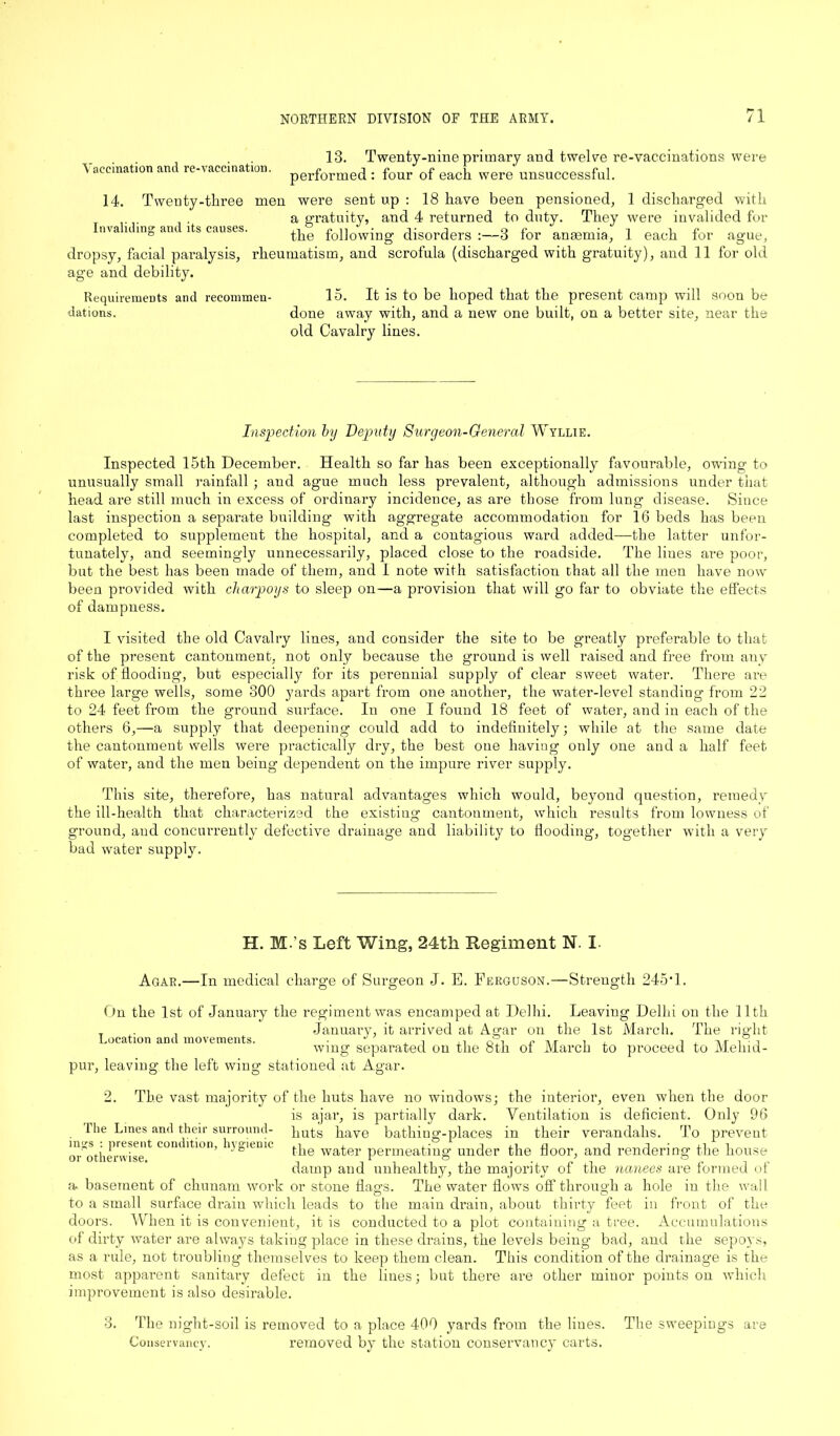 13. Twenty-nine primary and twelve re-vaccinations were performed : four of each were unsuccessful. Twenty-three men were sent up : 18 have been pensioned, 1 discharged with a gratuity, and 4 returned to duty. They were invalided for Inva i ing am its causes. the following disorders :—3 for anaemia, 1 each for ague, dropsy, facial paralysis, rheumatism, and scrofula (discharged with gratuity), and 11 for old age and debility. Vaccination and re-vaccination. 14. Requirements and recommen- dations. 15. It is to be hoped that the present camp will soon be done away with, and a new one built, on a better site, near the old Cavalry lines. Inspection by Deputy Surgeon-General Wyllie. Inspected 15th December. Health so far has been exceptionally favourable, owring to unusually small rainfall ; and ague much less prevalent, although admissions under that head are still much in excess of ordinary incidence, as are those from lung disease. Since last inspection a separate building with aggregate accommodation for 16 beds has been completed to supplement the hospital, and a contagious ward added—the latter unfor- tunately, and seemingly unnecessarily, placed close to the roadside. The hues are poor, but the best has been made of them, and I note with satisfaction that all the men have now been provided with charpoys to sleep on—a provision that will go far to obviate the effects of dampness. I visited the old Cavalry lines, and consider the site to be greatly preferable to that of the present cantonment, not only because the ground is well raised and free from any risk of flooding, but especially for its perennial supply of clear sweet water. There are three large wells, some 300 yards apart from one another, the water-level standing from 22 to 24 feet from the ground surface. In one I found 18 feet of water, and in each of the others 6,—a supply that deepening could add to indefinitely; while at the same date the cantonment wells were practically dry, the best one having only one and a half feet of water, and the men being dependent on the impure river supply. This site, therefore, has natural advantages which would, beyond cjuestion, remedy the ill-health that characterized the existing cantoument, which results from lowness of ground, aud concurrently defective drainage and liability to flooding, together with a very bad water supply. H. M.’s Left Wing, 24th Regiment N. I. Agar.—In medical charge of Surgeon J. E. Ferguson.—Strength 245’1. On the 1st of January the regiment was encamped at Delhi. Leaving Delhi on the 11th T . , January, it arrived at Agar on the 1st March. The right Location and movements. • J ^ , ,, 0yn r , -,,r wing separated on the 8th oi March to proceed to lVLemd- pur, leaving the left wing stationed at Agar. 2. The vast majority of the huts have no windows; the interior, even when the door is ajar, is partially dark. Ventilation is deficient. Only 96 the Lines and their surround- puts have bathing-places in their verandahs. To prevent or'othmvise1 con< ltll,n’ hygienic flie Water permeating under the floor, and rendering the house damp and unhealthy, the majority of the nanees are formed of a. basement of chunam work or stone flags. The water flows off through a hole in the wall to a small surface drain which leads to the main drain, about thirty feet in front of the doors. When it is convenient, it is conducted to a plot containing a tree. Accumulations of dirty water are always taking place in these drains, the levels being bad, and the sepoys, as a rule, not troubling themselves to keep them clean. This condition of the drainage is the most apparent sanitary defect in the lines; but there are other minor points on which improvement is also desirable. 3. The night-soil is removed to a place 400 yards from the lines. The sweepings are Conservancy. removed by the station conservancy carts.