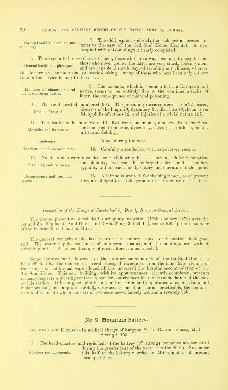 Hospital and its immediate sur- roundings. 7. The old hospital is closed; the sick are at present in tents to the east of the 3rd Sind Horse Hospital. A new hospital with out-buildings is nearly completed. 8. There seem to be two classes of men, those who are always coming to hospital and ~ i. , , those who never come: the latter are very sturdy-lookiug men, and are capable, I should say, ol standing any climate, whereas the former are anmmic and cachectic-looking; many of those who have been only a short time in the service belong to this class. 9. The anaemia, which is common both in European and native, seems to be entirely due to the continual attacks of fever, the consequence of malarial poisoning. numbered 905. The prevailing diseases were—ague 321 cases, diseases of the lungs 70, dysentery 35, diarrhoea 40, rheumatism 54, syphilis affections 12, and injuries of a trivial nature 127. 11. The deaths in hospital were 13—five from pneumonia, and two from diarrhoea, Mortality an ) its eause- and oue eac^ fi'om ague, dysentery, laryngitis, phthisis, menin- gitis, and debility. Epidemics. 12. None during the year. Influence of climate or local circumstances on health. 10. The total treated Details of treated. Vaccination and re-vaccination. 13. Carefully attended to, with satisfactory results. 14. Nineteen men were invalided for the following diseases—seven each for rheumatism , .... , . and debility, two each for enlarged spleen and secondary Invaliding and its causes. , ... v . c , ° , r , J syphilis, and one each for dysentery and curvature of the spine. Requirements and recommen- 15. A latrine is wanted for the sing’le men, as at present dations. they are obliged to use the ground in the vicinity of the lines. Inspection of the Troops at Jacohabad by Deputy Surgeon-General Joynt. The troops present at Jacobabad during my inspection (17tli January 1878) were the 1st and 3rd Regiments Sind Horse, and Right Wing 30th N. I. (Jacob'’s Rifles), the remainder of the frontier force being at Mittri. The general remarks made last year on the sanitary aspect of the station hold good still. The water supply continues of indifferent quality, and the buildings are without suitable plinths. A sufficient supply of good filters is much needed. Some improvement, however, in the sanitary surroundings of the 1st Sind Horse has been effected by the removal of several decayed structures from the immediate vicinity of their lines; an additional ward (detached) has increased the hospital accommodation of the 3rd Sind Horse. This newr building, with its appurtenances, recently completed, presents in many respects a pleasing contrast to earlier contrivances for the accommodation of the sick at this station. It has a good plinth—a point of paramount importance in such a damp and malarious soil, and appeal’s carefully designed to meet, as far as practicable, the require- ments of a climate which consists of two seasons—a fiercely hot and a severely cold. No. 2 Mountain Battery. Jacobabad and Khelat.—In medical charge of Surgeon M. L. Bartholomeusz, M.B. Strength 155. 1. The head-quarters and right half of the battery (97 strong) remained at Jacobabad during the greater part of the year. On the 26th of November Location and movements. this half of the battery marched to Mittri, and is at present encamped there.