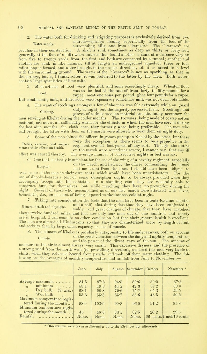 Water supply. 2. The water both for drinking and irrigating purposes is exclusively derived from two sources—springs issuing superficially from the foot of the surrounding hills, and from “karazes.” The “karazes” are peculiar in their construction. A shaft is sunk sometimes as deep as thirty or forty feet, generally at the foot of a hill; when water is thus found another is sunk at a distance varying from five to twenty yards from the first, and both are connected by a tunnel; another and another are sunk in like manner, till at length an underground aqueduct three or four miles long is formed, and water brought in the proper direction, till it is raised to a level with the surrounding ground. The water of the “ karazes,J> is not as sparkling as that in the springs, but is, I think, softer; it was preferred to the latter by the men. Both waters contain large quantities of lime salts. 3. Most articles of food were plentiful, and some exceedingly cheap. Wheaten flour was to be had at the rate of from forty to fifty pounds for a rupee; meat one anna per pound, ghee four pounds for a rupee. But condiments, milk, and firewood were expensive; sometimes milk was not even obtainable. 4. The want of stockings amongst a few of the men was felt extremely while on guard duty at night, but the majority possessed them. Stockings and gloves of a thick woollen material are absolutely necessary for men serving at Khelat during the colder months. The trowsers, being made of coarse cotton material, are not at all sufficiently warm for the climate in which the men have served during the last nine months, the cloth ones they formerly wore being preferable. The men who had brought the latter with them on the march were allowed to wear them on night duty. 5. Some of the men joined the officers in games got up in Khelat by the latter, but these . . were the exception, as there seems to be a prejudice in the mentsHhen effect osteal™' regiment against foot games of any sort. Though the duties on the march were sometimes severe, 1 cannot say that any ill effect was caused thereby. The average number of consecutive nights in bed was six. Food. Clothing. 6. One tent is utterly insufficient for the use of the wing of a cavalry regiment, especially TI on the march, and had not the officer commanding the escort lent me a tent from the lines I should have been obliged to treat some of the men in their own tents, which would have been unsatisfactory. For the use of dhooly-bearers a tent of some description ought to be always provided when they accompany troops into Beloochistan. In a standing camp they are generally able to construct huts for themselves, but while marching they have no protection during the night. Several of those who accompanied us on our last march were attacked with fever, bronchitis, &c., on account of being exposed to the intense cold at night. Taking into consideration the facts that the men have been in tents for nine months and a half, that during that time they have been subjected to sudden and great changes of climate, that they have marched about twelve hundred miles, and that now only four men out of one hundred and ninety are in hospital, I can come to no other conclusion but that their general health is excellent. The men are almost all Hindustanis, so that they are characterized more by length of limb and activity than by large chest capacity or size of muscle. 8. The climate of Khelat is peculiarly antagonistic to life under canvas, both on account Climate of the great variation between the daily and nightly temperature, and the power of the direct rays of the sun. The amount of moisture in the air is almost always very small. This excessive dryness, and the presence of a strong wind from the north-west (its prevailing direction), rendered the men very liable to chills, when they returned heated from parade and took off their warm clothing. The fol- lowing are the averages of monthly temperature and rainfall from June to November :— General health and physique. June. July. August. September. October. November.* Average maximum 84-5 97-8 94-5 89-6 80-0 67-8 ,, minimum 53-1 49-8 44-2 42-3 32-2 38-0 ,, Dry bulb (9. a.h.) 68-1 80-8 79-6 75-7 65-3 59-5 ,, Wet bulb „ 53-3 55-6 55-7 53-6 48-5 49-2 Maximum temperature regis- tered during the month .... 98-0 103-9 99-8 9G-8 94-2 81-8 Minimum temperature regis- tered during the month .... 45 46-8 38-5 32-5 20-2 29-5 Kainfall None. None. None. None. 66 cents. 1 inchld cents. * Observations were taken in November up to the 23rd, but not afterwards.