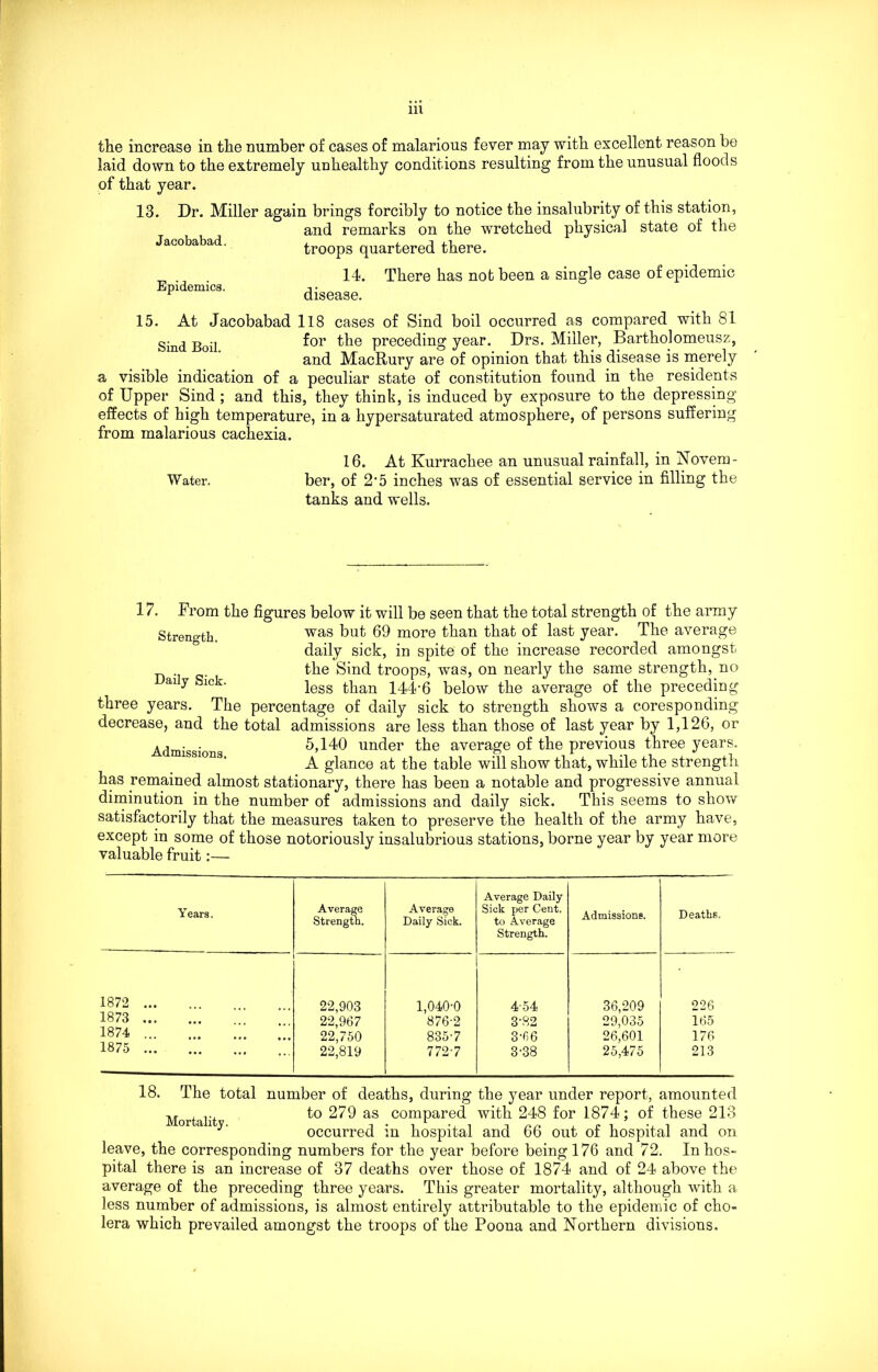 the increase in the number of cases of malarious fever may with excellent reason be laid down to the extremely unhealthy conditions resulting from the unusual floods of that year. 13. Dr. Miller again brings forcibly to notice the insalubrity of this station, and remarks on the wretched physical state of the Jacobabad. ~ ■’ troops quartered there. Epidemics. 14. disease. There has not been a single case of epidemic 15. At Jacobabad 118 cases of Sind boil occurred as compared with 81 Sind Boil for preceding year. Drs. Miller, Barthojomeusz, and MacRury are of opinion that this disease is merely a visible indication of a peculiar state of constitution found in the residents of Upper Sind ; and this, they think, is induced by exposure to the depressing effects of high temperature, in a hypersaturated atmosphere, of persons suffering from malarious cachexia. 16. At Kurrackee an unusual rainfall, in Novem- Water. ber, of 2‘5 inches was of essential service in filling the tanks and wells. 17. From the figures below it will be seen that the total strength of the army Streno-tb was but 69 more than that of last year. The average daily sick, in spite of the increase recorded amongst the Sind troops, was, on nearly the same strength, no aiy lck' less than 144’6 below the average of the preceding three years. The percentage of daily sick to strength shows a coresponding decrease, and the total admissions are less than those of last year by 1,126, or Admissions 5,140 under the average of the previous three years. S10ns' A glance at the table will show that, while the strength has remained almost stationary, there has been a notable and progressive annual diminution in the number of admissions and daily sick. This seems to show satisfactorily that the measures taken to preserve the health of the army have, except in some of those notoriously insalubrious stations, borne year by year more valuable fruit:— Years. Average Strength. Average Daily Sick. Average Daily Sick per Cent, to Average Strength. Admissions. Deaths, 1872 22,903 1,040-0 4-54 36,209 226 1873 22,967 876-2 3-82 29,035 165 1874 22,750 835-7 3-r,6 26,601 176 1875 22,819 772-7 3-38 25,475 213 18. The total number of deaths, during the year under report, amounted Mortalit f° as comPared with 248 for 1874; of these 213 occurred in hospital and 66 out of hospital and on leave, the corresponding numbers for the year before being 176 and 72. In hos- pital there is an increase of 37 deaths over those of 1874 and of 24 above the average of the preceding three years. This greater mortality, although with a less number of admissions, is almost entirely attributable to the epidemic of cho- lera which prevailed amongst the troops of the Poona and Northern divisions.