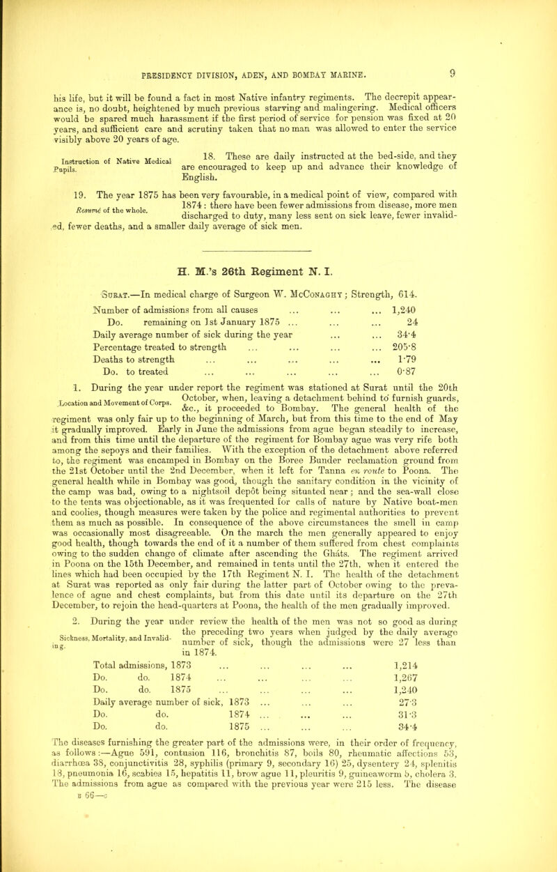 his life, but it will be found a fact in most Native infantry regiments. The decrepit appear- ance is, no doubt, heightened by much previous starving and malingering. Medical officers would be spared much harassment if the first period of service for pension was fixed at 20 years, and sufficient care and scrutiny taken that no man was allowed to enter the service visibly above 20 years of age. Instruction of Native Medical JPupils. 18. These are daily instructed at the bed-side, and they are encouraged to keep up and advance their knowledge of English. 19. The year 1875 has been very favourable, in a medical point of view, compared with „ , , , 1874 : there have been fewer admissions from disease, more men Resume of the whole. . . , , , , , . , , r ■ vi discharged to duty, many less sent on sick leave, fewer invalid- ed, fewer deaths, and a smaller daily average of sick men. H. M.’s 26th Regiment N. I. Surat.—In medical charge of Surgeon W. McConaghy; Strength, 614. Number of admissions from all causes ... 1,240 Do. remaining on 1st January 1875 ... 24 Daily average number of sick during the year 34-4 Percentage treated to strength ... 205-8 Deaths to strength 1-79 Do. to treated 0-87 1. During the year under report the regiment was stationed at Surat until the 20th T ... , cn October, when, leaving a detachment behind to'furnish guards, &c., it proceeded to .Bombay. The general health of the regiment was only fair up to the beginning of March, hut from this time to the end of May it gradually improved. Early in June the admissions from ague began steadily to increase, and from this time until the departure of the regiment for Bombay ague was very rife both among the sepoys and their families. With the exception of the detachment above referred to, the regiment was encamped in Bombay on the Boree Bunder reclamation ground from the 21st October until the 2nd December, when it left for Tanna en route to Poona. The general health while in Bombay was good, though the sanitary condition in the vicinity of the camp was bad, owing to a nightsoil depot being situated near ; and the sea-wall close to the tents was objectionable, as it was frequented for calls of nature by Native boat-men and coolies, though measures were taken by the police and regimental authorities to prevent them as much as possible. In consequence of the above circumstances the smell in camp was occasionally most disagreeable. On the march the men generally appeared to enjoy good health, though towards the end of it a number of them suffered from chest complaints owing to the sudden change of climate after ascending the Ghats. The regiment arrived in Poona on the 15th December, and remained in tents until the 27th, when it entered the lines which had been occupied by the 17th Regiment N. I. The health of the detachment at Surat was reported as only fair during the latter part of October owing to the preva- lence of ague and chest complaints, hut from this date until its departure on the 27th December, to rejoin the head-quarters at Poona, the health of the men gradually improved. 2. During the year under review the health of the men was not so good as during the preceding two years when judged by the daily average number of sick, though the admissions were 27 less than in 1874. Sickness, Mortality, and Invalid ing. Total admissions, 1873 Do. do. 1874 Do. do. 1875 Daily average number of sick, 1873 Do. do. 1874 Do. do. 1875 1,214 1,267 1,240 273 3D3 34-4 The diseases furnishing the greater part of the admissions were, in their order of frequency, as follows:—Ague 591, contusion 116, bronchitis 87, boils 80, rheumatic affections 53, diarrhoea 3S, conjunctivitis 28, syphilis (primary 9, secondary 16) 25, dysentery 24, splenitis 18, pneumonia 16, scabies 15, hepatitis 11, brow ague 11, pleuritis 9, guineaworm 5, cholera 3. The admissions from ague as compared with the previous year were 215 less. The disease