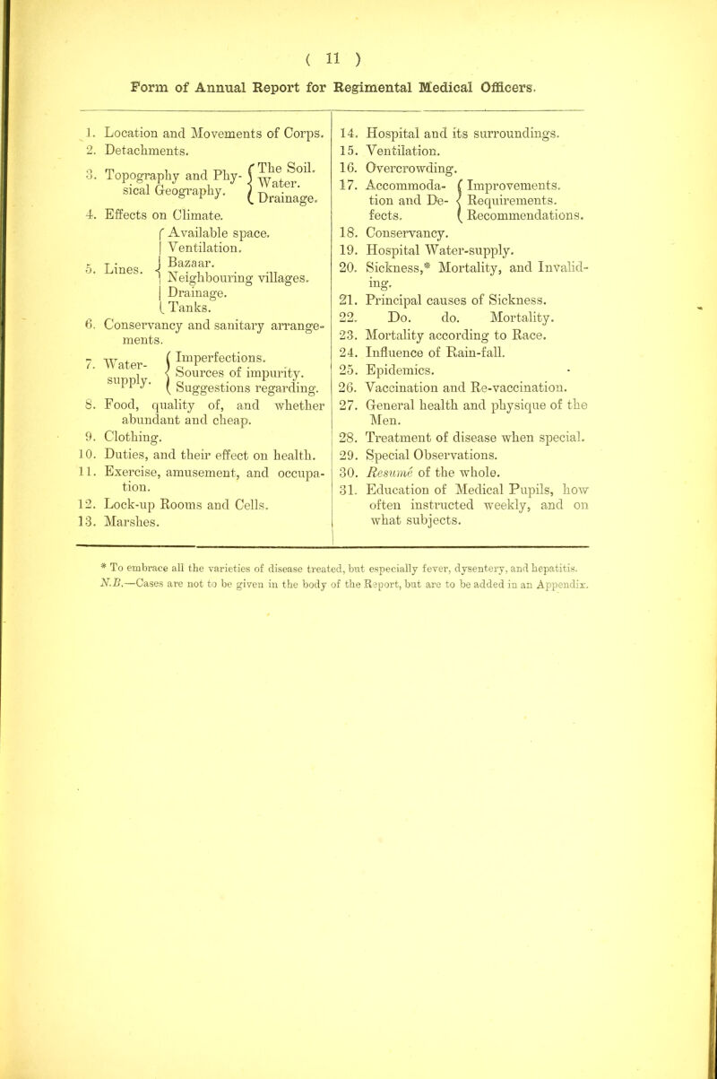 Form of Annual Report for Regimental Medical Officers. 1. Location and Movements of Corps. 2. Detachments. 14. Hospital and its surroundings. 15. Ventilation. 3. Topography and Phy f Water0'1' sical Geography. j . b 1 J Drainage. 4. Effects on Climate. 5. 6. Lines. f Available space. | Ventilation, j Bazaar. } Neighbouring villages. | Drainage. (_ Tanks. Conservancy and sanitary arrange- ments. 7. Water- ( Imperfections. Sources of impurity. supply. ) Ui imhLl^ky- 11 J \ Suggestions regarding. 8. Food, quality of, and whether abundant and cheap. 9. Clothing. 10. Duties, and their effect on health. 11. Exercise, amusement, and occupa- tion. 12. Lock-up Rooms and Cells. 13. Marshes. 16. Overcrowding. 17. Accommoda- f Improvements, tion and De- < Requirements, fects. (Recommendations. 18. Conservancy. 19. Hospital Water-supply. 20. Sickness,* Mortality, and Invalid- ing. 21. Principal causes of Sickness. 22. Do. do. Mortality. 23. Mortality according to Race. 24. Influence of Rain-fall. 25. Epidemics. 26. Vaccination and Re-vaccination. 27. General health and physique of the Men. 28. Treatment of disease when special. 29. Special Observations. 30. Resume of the whole. 31. Education of Medical Pupils, how often instructed weekly, and on what subjects. * To embrace all tbe varieties of disease treated, but especially fever, dysentery, and hepatitis. N.B.—Cases are not to be given in the body of the Report, but are to be added in an Appendix,