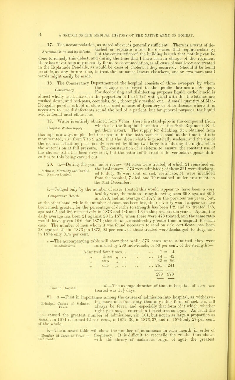 17. The accommodation, as stated above, is generally sufficient. There is a want of de- . , . , . , . . tached or separate wards for diseases that require isolating • Accommodation and its defects. , , ,1 A ,. • ■, , 1 ,, • ? but the construction ol the bunding is such that nothing can be done to remedy this defect, and during the time that I have been in charge of the regiment there has never been any necessity for more accommodation, as all cases of small-pox are treated in the Esplanade Pendalls, as would be cases of cholera if they occurred. Should it be found possible, at any future time, to treat the ordnance lascars elsewhere, one or two more small ■wards might easily be made. 18. The Conservancy Department of the hospital consists of three sweepers, by whom ^ the sewage is conveyed to the public latrines at Sonapur. oiibcrvancy. For deodorising and disinfecting purposes liquid carbolic acid is almost wholly used, mixed in the proportion of 1 to 96 of water, and with this the latrines are washed down, and bed-pans, coondahs, &c., thoroughly washed out. A small quantity of Mac- Dougall’s powder is kept in store to be used in cases of dysentery or other diseases where it is necessary to use disinfectants round the bed of a patient, but for general purposes the liquid acid is found most efficacious. 19. Water is entirely obtained from Yehar; there is a stand-pipe in the compound (from which also the hospital bheesties of the 20th Regiment N. I. °Spi a a er'suPP y* get their water). The supply for drinking, &c., obtained from this pipe is alwaj^s ample; but the pressure in the bath-room is so small at the time that it is most wanted, viz., from 7 to 9 A.M., that the shower-bath is practically useless, and the use of the room as a bathing place is only secured by filling two large tubs during the night, when the water is on at full pressure. The construction of a cistern, to ensure the constant use of the shower-bath, has been suggested, but the nature of the roof of the verandah opposes diffi- culties to this being carried out. 20. a.—During the year under review 391 cases were treated, of which 21 remained on , ,, . ... 1T ... the 1st January. 373 were admitted; of these 321 were discharg- ing. Number treated. ed to duty, 38 were sent on sick certificate, 51 were invalided from the hospital, 7 died, and 10 remained under treatment on the 31st December. b. —Judged only by the number of cases treated this would appear to have been a very „ , tt 1+Vl healthy year, the ratio to strength having been 69'8 against 80-4 ompara i\e ea . jn 1873, and an average of 107’7 in the previous ten years ; but, on the other hand, while the number of cases has been less, their severity would appear to have been much greater, for the percentage of deaths to strength has been T2, and to treated 1'8, against 0'5 and Offi respectively in 1873 and 1'4 and T3 in the previous ten years. Again, the daily average has been 21 against 20 in 1873, when there were 473 treated, and the same ratio would have given 16'6 for 1874 ; this shows a considerably greater time in hospital for each case. The number of men whom it was found necessary to send on sick certificate has been 38 against 21 in 1873; in 1873, 92 per cent, of those treated were discharged to duty, and in 1874 only 8T5 per cent. c. —The accompanying table will show that while 373 cases were admitted they were Re-admissions. furnished by 299 individuals, or 53 per cent, of the strength :— Admitted four times... „ three „ ... two „ ... „ one ,, ... 1=4 ... 14= 42 ... 43 = 86 ... 241 =241 299 373 Time in Hospital. cl.—The average duration of time in hospital of each case treated was 15^ days. 21. a.—First in importance among the causes of admission into hospital, as withdraw- t> • • r< (o-i ing more men from duty than any other form of sickness, will Fever. always be lever, and especially that form ol it which, whether rightly or not, is entered in the returns as ague. As usual this has caused the greatest number of admissions, viz., 101, but not in as large a proportion as usual; in 1871 it formed 42 per cent., in 1872, 30, in 1873, 37, and in 1874 only 27 per cent, of the whole. b.—The annexed table will show the number of admissions in each month in order of Number of Cases of Fever in frequency. It is difficult to reconcile the results thus shown each month. with the theory of malarious origin of ague, the greatest