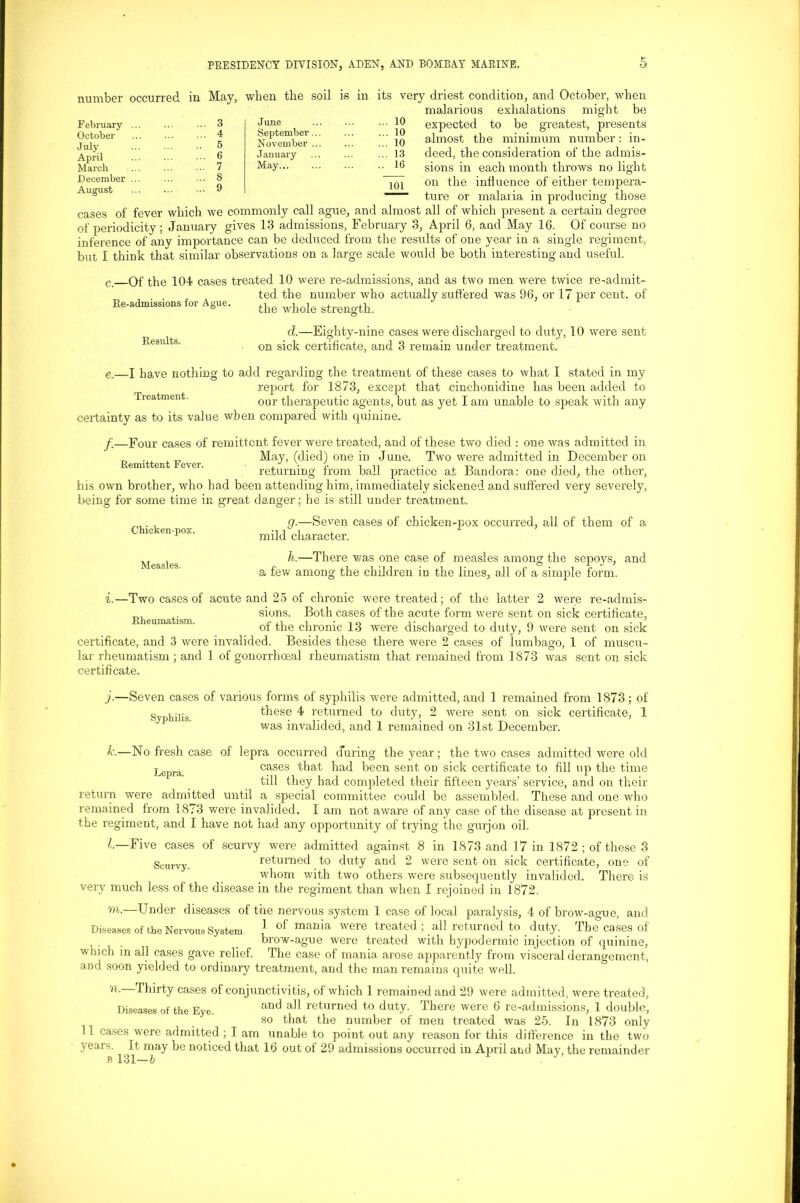 number occurred in May, when the soil is in its very driest condition, and October, when malarious exhalations might be Jujie ... ... ... 10 February October July April March December August September November January May... . 10 . 10 . 13 16 101 expected to be greatest, presents almost the minimum number: in- deed, the consideration of the admis- sions in each month throws no light on the influence of either tempera- ture or malaria in producing those cases of fever which we commonly call ague, and almost all of which present a certain degree of periodicity; January gives 13 admissions, February 3, April 6, and May 16. Of course no inference of anv importance can be deduced from the results of one year in a single regiment, but I think that similar observations on a large scale would be both interesting and useful. c Of the 104 cases treated 10 were re-admissions, and as two men were twice re-admit- ted the number who actually suffered was 96, or 17 per cent, of Re-admissions for Ague. Results. the whole strength. d.—Eighty-nine cases were discharged to duty, 10 were sent on sick certificate, and 3 remain under treatment. e.—I have nothing to add regarding the treatment of these cases to what I stated in my report for 1873, except that cinchonidine has been added to Treatment. our therapeutic agents, but as yet I am unable to speak with any certainty as to its value when compared with quinine. f_—Four cases of remittent fever were treated, and of these two died : one was admitted in May, (died) one in June. Two were admitted in December on returning from ball practice at Bandora: one died, the other, his own brother, who had been attending him, immediately sickened and suffered very severely, being for some time in great danger; he is still under treatment. g.—Seven cases of chicken-pox occurred, all of them of a mild character. Chicken-pox. Measles. h.—There was one case of measles arnonsr the sepoys, and a few among the children in the lines, all of a simple form. i.—Two cases of acute and 25 of chronic were treated; of the latter 2 were re-admis- Rheumatism sions. Both cases of the acute form were sent on sick certificate, of the chronic 13 were discharged to duty, 9 were sent on sick certificate, and 3 were invalided. Besides these there were 2 cases of lumbago, 1 of muscu- lar rheumatism ; and 1 of gonorrhoeal rheumatism that remained from 1873 was sent on sick certificate. j.—Seven cases of various forms of syphilis were admitted, and 1 remained from 1873; of these 4 returned to duty, 2 were sent on sick certificate, 1 was invalided, and 1 remained on 31st December. Syphilis. k.~—No fresh case of lepra occurred during the year; the two cases admitted were old 2^ cases that had been sent od sick certificate to fill up the time till they had completed their fifteen years’ service, and on their return were admitted until a special committee could be assembled. These and one who remained from 1873 were invalided. I am not aware of any case of the disease at present in the regiment, and I have not had any opportunity of trying the gurjon oil. 1.—Five cases of scurvy were admitted against 8 in 1873 and 17 in 1872 ; of these 3 Scurvy returned to duty and 2 were sent on sick certificate, one of whom with two others were subsequently invalided. There is very much less of the disease in the regiment than when I rejoined in 1872. Under diseases of the nervous system 1 case of local paralysis, 4 of brow-ague, and Diseases of the Nervous System mania were treated ; all returned to duty. The cases of brow-ague were treated with hypodermic injection of quinine, which in all cases gave relief. The case of mania arose apparently from visceral derangement, and soon yielded to ordinary treatment, and the man remains quite well. n- Thirty cases of conjunctivitis, of which 1 remained and 29 were admitted, were treated, Diseases of the Eye. an(* returned to duty. There were 6 re-admissions, 1 double, so that the number of men treated was 25. In 1873 only 11 cases were admitted ; I am unable to point out any reason for this difference in the two years. It may be noticed that 16 out of 29 admissions occurred in April and May, the remainder b131—b .