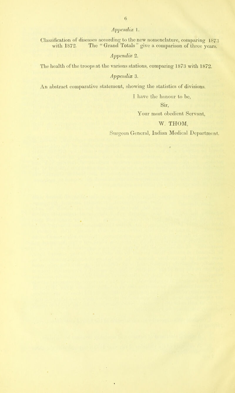 A-ppendix 1. Classification of diseases according to the new nomenclature, comparing 1873 with 1872. The “ Grand Totals ” give a comparison of three years. Appendix 2. The health of the troops at the varions stations, comparing 1873 with 1872. Appendix 3. An abstract comparative statement, showing the statistics of divisions. I have the honour to be. Sir, Your most obedient Servant, W. THOM, Surgeon General, Indian Medical Department,