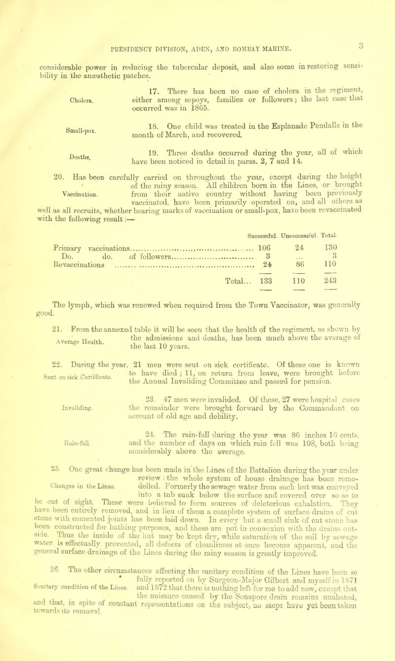 considerable power in reducing the tubercular deposit, and also some in restoring sensi- bility in the ansesthetic patches. 17. There has been no case of cholera in the regiment, either among sepoys, families or followers; the last case that occurred was in 1865. 18. One child was treated in the Esplanade Pendalls in the month of March, and recovered. 19. Three deaths occurred during the year, all of which have been noticed in detail in paras. 2, 7 and 14. 20. Has been carefully carried on throughout the year, except during the height ’ of the rainy season. All children bom in the Lines, or brought Vaccination. from their native country without having been previously vaccinated, have been primarily operated on, and all others as well as all recruits, whether bearing marks of vaccination or small-pox, have been revaccinated with the following result;— Successful. Unsuccessful. Total. Primary vaccinations 106 24 130 Do. do. of followers 3 ... 3 Re vaccinations 24 86 HO Total... 133 110 243 Cholera. Small-pox. Deaths. good. The lymph, which was renewed when required from the Town Vaccinator, was generally 21. From the annexed table it will be seen that the health of the regiment, as shown by the admissions and deaths, has been much above the average of the last 10 years. Avera.ge Health. 22. During the year, 21 men were sent on sick certificate. Of these one is known to have died ; 11, on return from leave, were brought before the Annual Invaliding Committee and passed for pension. 23. 47 men were invalided. Of these, 27 were hospital cases the remainder were brought forward by the Commandant on account of old age and debility. 24. The rain-fall during the year was 86 inches 16 cents, and the number of days on which rain fell was 108, both being considerably above the average. 25. One great change has been made in the Lines of the Battalion during the year under review : the whole system of house drainage has been remo- Changes in the Lines. defied. Formerly the sewage water from each hut was conveyed into a tub sunk below the surface and covered over so as to be out of sight. These were believed to form sources of deleterious exhalation. They have been entirely removed, and in lieu of them a complete system of surface drains of cut stone with cemented joints has been laid down. In every hut a small sink of cut stone has been constructed for bathing purposes, and these are put in connexion with the drains out- side. Thus the inside of the hut may be kept dry, while saturation of the soil by sewage water is effectually prevented, all defects of cleanliness at once become apparent, and the general surface drainage of the Lines during the rainy season is greatly improved. 26. The other circumstances affecting the sanitary condition of the Lines have been so fully reported on by Surgeon-Major Gilbert and myself in 1871 Sanitary condition of the Lines, and 1872 that there is nothing left for me to add now, except that fli6 nuisance caused by the Sonapore drain remains unabated, and that, in spite of constant representations on the subject, no steps have yet been taken towards its removal. Sent on sick Certificate. Invaliding. Rain-faU.