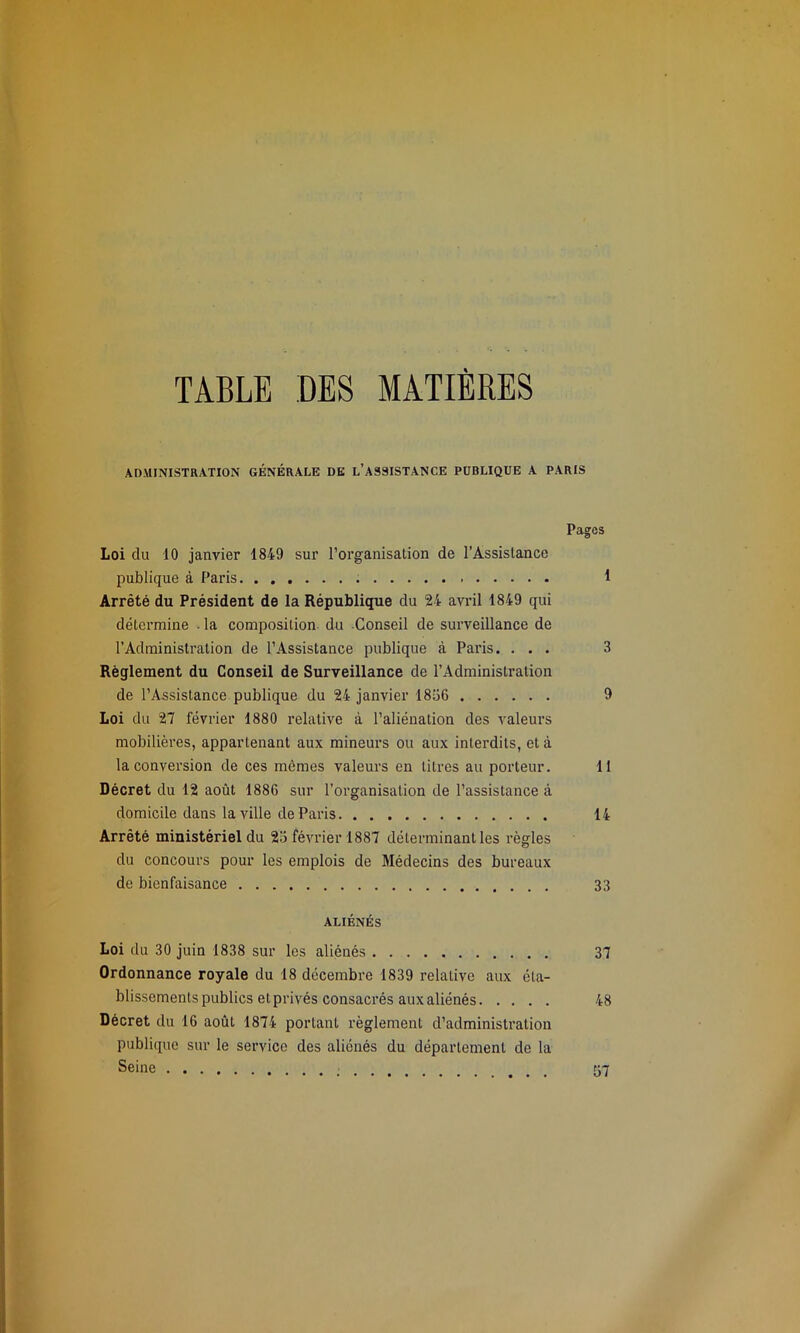 TABLE DES MATIÈRES ADMINISTRATION GÉNÉRALE DE L’ASSISTANCE PUBLIQUE A PARIS Pages Loi du 10 janvier 1849 sur l’organisation de l’Assistance publique à Paris 1 Arrêté du Président de la République du 24 avril 1849 qui détermine • la composition du -Conseil de surveillance de l’Administration de l’Assistance publique à Paris. ... 3 Règlement du Conseil de Surveillance de l’Administration de l’Assistance publique du 24 janvier 1836 9 Loi du 27 février 1880 relative à l’aliénation des valeurs mobilières, appartenant aux mineurs ou aux interdits, et à la conversion de ces mômes valeurs en titres au porteur. 11 Décret du 12 août 1886 sur l’organisation de l’assistance à domicile dans la ville de Paris 14 Arrêté ministériel du 23 février 1887 déterminant les règles du concours pour les emplois de Médecins des bureaux de bienfaisance 33 ALIÉNÉS Loi du 30 juin 1838 sur les aliénés 37 Ordonnance royale du 18 décembre 1839 relative aux éta- blissements publics et privés consacrés aux aliénés 48 Décret du 16 août 1874 portant règlement d’administration publique sur le service des aliénés du département de la Seine 57