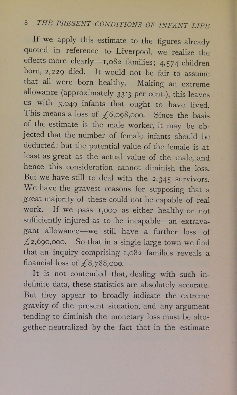 If we apply this estimate to the figures already quoted in reference to Liverpool, we realize the effects more clearly—1,082 families; 4>574 children born, 2,229 died. It would not be fair to assume that all were born healthy. Making an extreme allowance (approximately 33-3 per cent.), this leaves us with 3,049 infants that ought to have lived. This means a loss of ^6,098,000. Since the basis of the estimate is the male worker, it may be ob- jected that the number of female infants should be deducted; but the potential value of the female is at least as great as the actual value of the male, and hence this consideration cannot diminish the loss. But we have still to deal with the 2,345 survivors. We have the gravest reasons for supposing that a great majority of these could not be capable of real work. If we pass 1,000 as either healthy or not sufficiently injured as to be incapable—an extrava- gant allowance—we still have a further loss of ,£2,690,000. So that in a single large town we find that an inquiry comprising 1,082 families reveals a financial loss of ,£8,788,000. It is not contended that, dealing with such in- definite data, these statistics are absolutely accurate. But they appear to broadly indicate the extreme gravity of the present situation, and any argument tending to diminish the monetary loss must be alto- gether neutralized by the fact that in the estimate