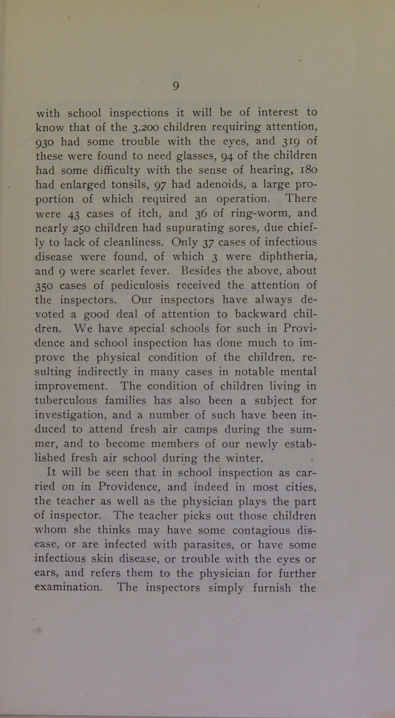 with school inspections it will be of interest to know that of the 3,200 children requiring attention, 930 had some trouble with the eyes, and 319 of these were found to need glasses, 94 of the children had some difficulty with the sense of hearing, 180 had enlarged tonsils, 97 had adenoids, a large pro- portion of which required an operation. There were 43 cases of itch, and 36 of ring-worm, and nearly 250 children had supurating sores, due chief- ly to lack of cleanliness. Only 37 cases of infectious disease were found, of which 3 were diphtheria, and 9 were scarlet fever. Besides the above, about 350 cases of pediculosis received the attention of the inspectors. Our inspectors have always de- voted a good deal of attention to backward chil- dren. We have special schools for such in Provi- dence and school inspection has done much to im- prove the physical condition of the children, re- sulting indirectly in many cases in notable mental improvement. The condition of children living in tuberculous families has also been a subject for investigation, and a number of such have been in- duced to attend fresh air camps during the sum- mer, and to become members of our newly estab- lished fresh air school during the winter. It will be seen that in school inspection as car- ried on in Providence, and indeed in most cities, the teacher as well as the physician plays the part of inspector. The teacher picks out those children whom she thinks may have some contagious dis- ease, or are infected with parasites, or have some infectious skin disease, or trouble with the eyes or ears, and refers them to the physician for further examination. The inspectors simply furnish the