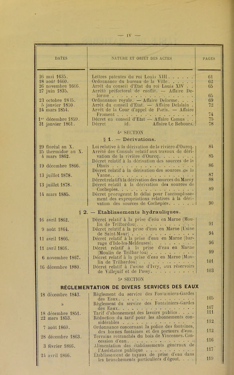 DAT ES NATURE ET OBJET DES ACTES l’AGES 20 mai 1635. Lettres patentes du roi Louis XIII 61 18 août 1600. Ordonnance du bureau de la Ville 62 26 novembre 1666. Arrêt du conseil d’Etat du roi Louis XIV . . 65 27 juin 1835. Arrêté préfectoral de conflit. — Affaire De- lorme 65 23 octobre 18 35. Ordonnance royale. — Affaire Delorme. . . . 69 5 janvier 1850. Arrêt du conseil d’Etat. — Affaire Delalain . 72 24 mars 1854. Arrêt de la Cour d’appel de Paris. — Affaire Froment 74 1er décembre 1859. Décret en conseil d’Etat — Affaire Camus . . 75 31 janvier 1861. Décret id. Affaire Le Rebours. 4“ SECTION § 1. — Dérivations. 78 29 floréal an X. Loi relative à la dérivation delà rivière d’Ourcq. Arrêté des Consuls relatif aux travaux de déri- 84 25 thermidor an X. 4 mars 1862. vation de la rivière d’Ourcq Décret relatif à la dérivation des sources de la 85 19 décembre 1866. Dhuis Décret relatif à la dérivation des sources ne la 86 13 juillet 1878. Yanne 87 Décret relatif à la dérivation des sources duMaroy 88 13 juillet 1878. Décret relatif à la dérivation des sources de 89 Cochepies 14 mars 1885. Décret prorogeant le délai pour l’accomplisse- ment des expropriations relatives à la déri- vation des sources de Cochepies 90 § 2. — Établissements hydrauliques. 16 avril 1862. Décret relalif à la prise d’eau en Marne (Mou- 91 lin de Trilbardouj 9 août 1864. Décret relatif à la prise d’eau en Marne (Usine 94 de Saint-Maur) 11 avril 1866. Décret relatif à la prise d’eau en Marne (bar- 96 rage d’Isle-les-Meldeuses) Décret relatif à la prise d’eau en Marne (Moulin de Trilbar lou) 11 avril 1866. 99 6 novembre 1867. Décret relatif à la prise d’eau en Marne (Mou- 101 lin de Trilbardou) 16 décembre 1880. Décret relatif à l’usine d’Ivry, aux réservoirs 103 de Villejuif et de l’assy 5* SECTION RÉGLEMENTATION DE DIVERS SERVICES DES EAUX 18 décembre 1843. Règlement du service des Foniainiers-Gardes 105 des Eaux » Règlement du service des Foniainiers-Gardes 107 des Eaux 18 décembre 1851. Tarif d’abonnement des lavoirs publics .... 111 22 mars 1853. Réduction du tarif pour les abonnements con- 112 sidérables 7 août 1860. Ordonnance concernant la police des fontaines, 112 des bornes fontaines et des porteurs d’eau. 28 décembre 1803. Terrains retranchés du bois de Vincennes. Con- 116 cession d’eau ; Alimentation des établissements généraux de 3 février 1866. l’Assistance publique 117 24 avril 1866. Établissement de tuyaux de prise d’eau dans 119 les branchements particuliers d’égout. . . .