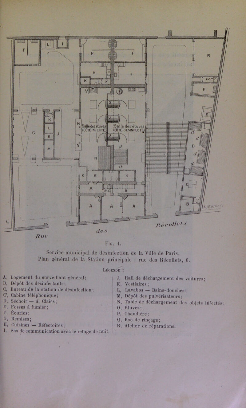 'Salle des étuves |(C6téinfectÉ) ]Salle des étuves <CÔTÉ DESINFECTÿ i: VMjjii Fig. 1. Service municipal de désinfection de la Ville de Paris. Plan général de la Station principale : rue des Récollels, G. A, Logement du surveillant général; II, Dépôt des désinfectants; C, Hiireau de la station de désinfection; C', Cabine téléphonique; 1), Séchoir — d, Claies; F, Fosses à fumier; F, Écuries; G, Remises; H, Cuisines — Réfectoires; I, Sas de communication avec le refuge de nuit. Légende : J, Hall de déchargement des voilures; K, Vestiaires; L, Lavabos — Bains-douches ; M, Dépôt des pulvérisateurs; N, Table de déchargement des objets infectés; O, Étuves; P, Chaudière; Q, Bac de rinçage; R, Atelier de réparations.