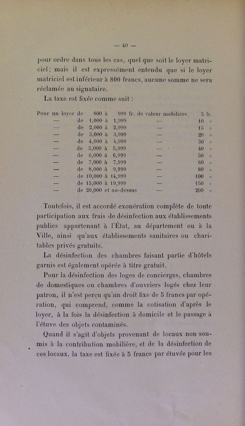 pour ordre dans tous les cas, quel que soit le loyer matri- ciel ; mais il est ex])ressément entendu que si le loyer matriciel est infdricur .à 800 francs, aucune somme ne sera réclamée au signataire. La taxe est lixée comme suit : Pour un loyer de 800 à 990 IV. de valeur mobilière. 5 fr. — de 1,000 à 1,999 .— 10 — de 2,000 a 2,999 — la » — de 3,000 là 3,999 — 20 )) — de 4,000 à 4,999 — 30 » — de 5,000 à 5,999 — 40 )) — de 6,000 à 6,999 — 50 )) — de 7,000 à 7,999 — 60 )> — de 8,000 à 9,999 — 80 » — de 10,000 à 14,999 — 100 )) — de 15,000 à 19,999 — 150 )) — de 20,000 et au-dessus — 200 )) Toutefois, il est accordé exonération complète de toute participation aux frais de désinfection aux établissements publics appartenant à l’Etat, au département ou à la Ville, ainsi qu’aux établissements sanitaires ou chari- tables privés gratuits. La désinfection des chambres faisant partie d'hotels garnis est également opérée à titre gratuit. Pour la désinfection des loges de concierges, chambres de domestiques ou chambres d’ouvriers logés chez leur patron, il n’est perçu qu’un droit fixe de 5 francs par opé- ration, qui comprend, comme la cotisation d’après le loyer, à la fois la désinfection à domicile et le passage à l’étuve des objets contaminés. Quand il s’agit d’objets provenant de locaux non sou- mis à la contribution mobilière, et de la désinfection de ces locaux, la taxe est fixée à 5 francs par étuvée pour les