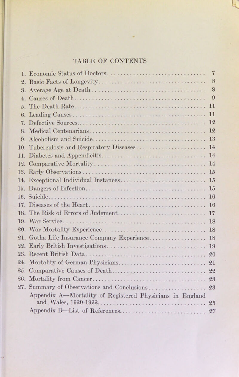 TABLE OF CONTENTS 1. Economie Status of Doctors 7 2. Basic Facts of Longevity 8 3. Average Age at Death 8 4. Causes of Death 9 5. The Death Rate . 11 6. Leading Causes 11 7. Defective Sources 12 8. Médical Centenarians 12 9. Alcoholism and Suicide 13 10. Tuberculosis and Respiratory Diseases 14 11. Diabètes and Appendicitis 14 12. Comparative Mortality 14 13. Early Observations 15 14. Exceptional Individual Instances 15 15. Dangers of Infection 15 16. Suicide 16 17. Diseases of the Heart 16 18. The Risk of Errors of Judgment 17 19. War Service 18 20. War Mortality Expérience 18 21. Gotha Life Insurance Company Expérience 18 22. Early British Investigations 19 23. Récent British Data 20 24. Mortality of German Physicians 21 25. Comparative Causes of Death 22 26. Mortality from Cancer 23 27. Summary of Observations and Conclusions 23 Appendix A—Mortality of Registered Physicians in England and Wales, 1920-1922 25 Appendix B—List of Références 27