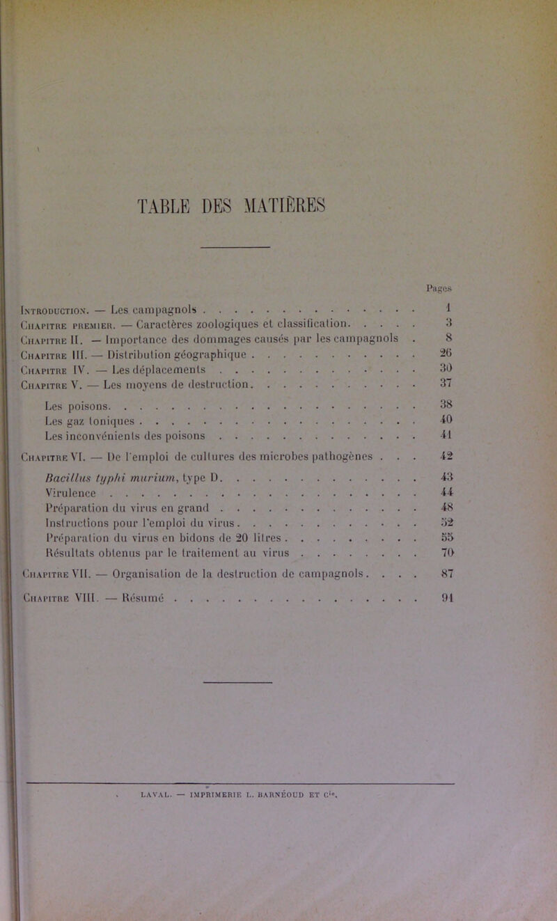 TABLE DES MATIERES \ Pages Introduction'. — Les campagnols 1 Chapitre premier. — Caractères zoologiqucs et classilicalion Chapitre II. — Importance des dommages causés par les campagnols . 8 Chapitre 111.— Distriliution géographique 46 Chapitre IV. —Les déplacements 30 Chapitre V. — Les moyens de destruction 37 Les poisons 38 Les gaz Ioniques iO Les inconvénients des poisons -41 Chapitre VL — De l'emploi de cull tires des microbes pathogènes ... -42 BacUlus ti/p/ii muriiim, type D 43 Virulence 44 Préparation du virus en grand 48 Instructions pour l'emploi du virus .32 Préparation du virus en bidons de 20 litres 55 Késultats obtenus par le traitement au virus 70 Chapitre VIL — Organisation de la dcslruction de campagnols. ... 87 Chapitre VIII. — Késumé 91 LAVAL. — imprimerie !.. UARNÉOUD ET C>».