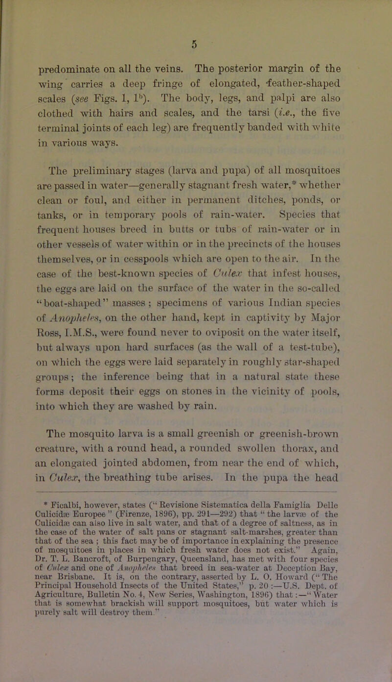 predominate on all the veins. The posterior margin of the wing carries a deep fringe of elongated, -feather-shaped scales {see Figs. 1, 1''). The body, legs, and palpi are also clothed with hairs and scales, and the tarsi {i.e., the five terminal joints of each leg) are frequently banded with white in various ways. The preliminary stages (huwa and pupa) of all mosquitoes are passed in water—generally stagnant fresh water,* whether clean or foul, and either in permanent ditches, ponds, or tanks, or in temporary pools of rain-water. Species that frequent houses breed in butts or tubs of min-water or in other vessels of water within or in the precincts of the houses themselves, or in cesspools which are open to the air. In the case of the best-known species of Culex that infest houses, the eggs are laid on the surface, of the water in the so-called “boat-shaped” masses ; specimens of various Indian species of Anopheles, on the other hand, kept in captivity' by Major Ross, I.M.S., were found never to oviposit on the water itself, but always upon hard surfaces (as the wall of a test-tube), on which the eggs were laid separately in roughly star-shaped groups; the inference being that in a natural state these forms deposit their eggs on stones in the vicinity of pools, into which they are washed by rain. The mosquito larva is a small greenish or greenish-bro^vn creature, with a round head, a rounded swollen thorax, and an elongated jointed abdomen, from near the end of which, in Culex, the breathing tube arises. In the pupa the head * Ficalbi, however, states (“ Revisione Sistematica della Famiglia Delle Culicidai Europee ” (Firenze, 1896), pp. 291—292) that “ the larvfc of the Culicidie can also live in salt water, and that of a degree of saltness, as in the case of the water of salt pans or stagnant salt-marshes, greater than that of the sea ; this fact may be of importance in explaining the presence of mosquitoes in places in which fresh water does not exist.” Again, Dr. T. L. Bancroft, of Burpengary, Queensland, has met with four species of Ciilex and one of Aiwjikrlex that breed in sea-water at Deception Bay, near Brisbane. It is, on the contrary, asserted by L. 0. Howard (“ The Principal Household Insects of the United States,” p. 20 :—U.S. Dept, of Agriculture, Bulletin No. 4, New Series, Washington, 1896) that;—“Water that is somewhat brackish will support mosquitoes, but water which is purely salt will destroy them.”