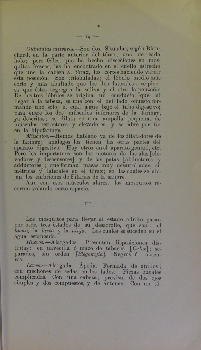 « — 19 — Gldndulas salivares.—Son dos. Situadas, segun Blan- chard, en la parte anterior del torax, una de cada lado; pero Giles, que lia hecho disecciones en mos- quitos frescos, las ha encontrado en el cuello estrecho que une la cabeza al torax, los cortes haciendo variar esta posicion. Son trilobuladas; el lobulo medio mas corto y mas abultado que los dos laterales; se pien- sa que estos segregan la saliva y el otro la ponzona. De los tres lobulos se origina un conducto; que, al llegar a la cabeza, se une con el del lado opuesto for- raando uno solo; el cual sigue bajo el tubo digestivo; pasa entre los dos musculos inferiores de la faringe, ya descritos; se dilata en una ampolla pequeha, de musculos retractores y elevadores; y se abre por fin en la hipofaringe. Musciilos.—Hemos hablado ya de los dilatadores de la faringe; analogos los tienen las otras partes del aparato digestivo. Hay otros enel aparato genital, etc. Pero los importantes sou los motores de las alas [ele- vadores y descensores] y de las patas [abductores y adductores]; que forman masas muy desarrolladas, si- raetricas y laterales en el torax; en las cuales se alo- jan los embriones de Filarias de la sangre. Aun con esos musculos alares, los mosquitos re- corren volando corto espacio. Ill Los mosquitos para llegar al estado adulto pasan por otros tres estados de su desarrollo, que son : el huevo, la larva y la ninfa. Los cuales se suceden en el agua estancada. Huevos.—Alargados. Presentan disposiciones dis- tintas: en navecilla 6 mazo de tabacos \^Culex\] se- parados, sin orden [^Stegomyid]. Negros u obscu- ros. Larva.—Alargada. Apoda. Formada de anillos ; con mechones de sedas en los lados. Piezas bucales complicadas. Con una cabeza; provista de dos ojos simples y dos compuestos, y de antenas. Con un to-
