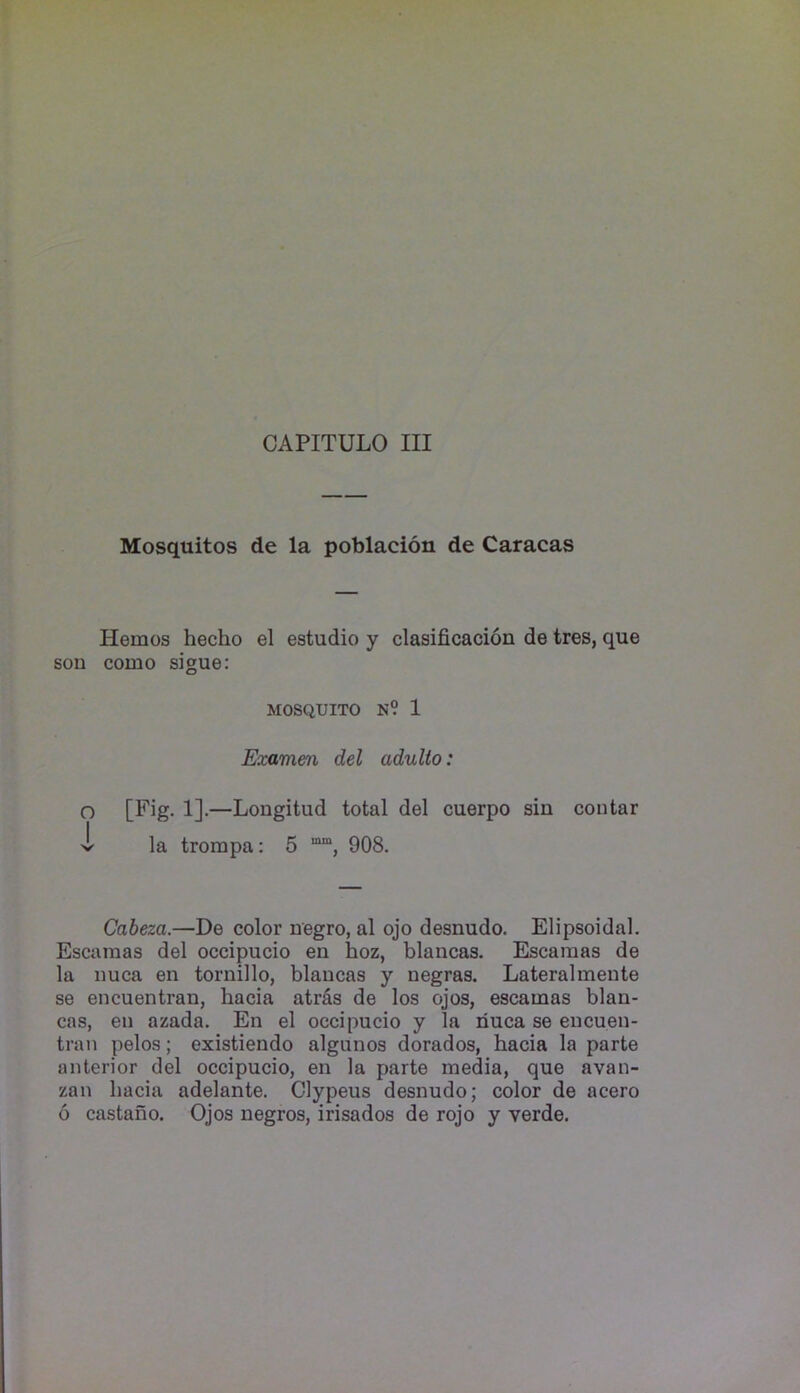 CAPITULO III Mosquitos de la poblacion de Caracas Hemos hecho el estudio y clasificacion de tres, que son como sigue: MOSQUITO N? 1 Examen del adulto: o [Fig- 1]-—Longitud total del cuerpo sin contar >l la trorapa: 5 908. Cabeza.—De color negro, al ojo desnudo. Elipsoidal. Esciunas del occipucio en hoz, blancas. Escaraas de la nuca en tornillo, blancas y negras. Lateralmente se encuentran, hacia atras de los ojos, escamas blan- cas, en azada. En el occipucio y la riuca se eucuen- tran pelos; existiendo algunos dorados, hacia la parte anterior del occipucio, en la parte media, que avan- zan hacia adelante. Clypeus desnudo; color de acero