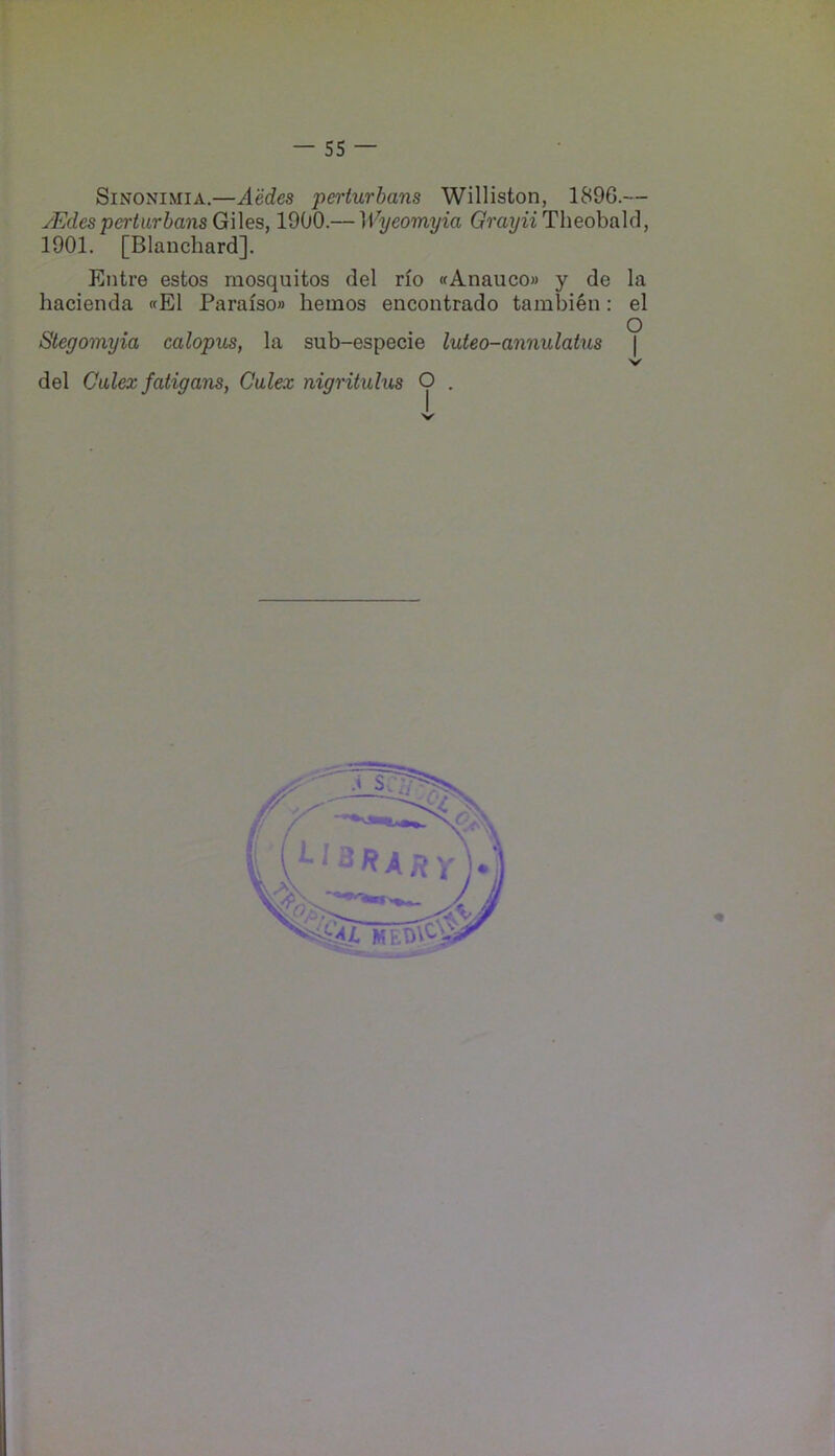 SiNONiMiA.—Aedes periurbans Williston, 1896.— yEdespcrturbans Giles, 1900.— IVyeomyia (7?’a?/wTlieobal(], 1901. [Blanchard]. Entre estos mosquitos del rio <fAnauco» y de la hacienda (fEl Paraiso» hemos encontrado tambien: el Stegomyia calopus, la sub-especie luteo-annulaius | 'V del Giilex fatigans, Calex nigrituhis O .