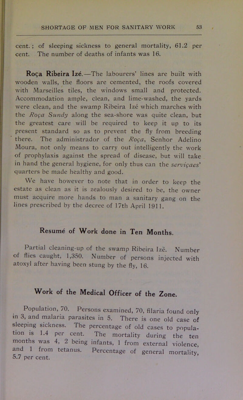 cent. ; of sleeping sickness to general mortality, 61.2 per cent. The number of deaths of infants was 16. Roga Ribeira Ize.—The labourers’ lines are built with wooden walls, the floors are cemented, the roofs covered with Marseilles tiles, the windows small and protected. Accommodation ample, clean, and lime-washed, the yards were clean, and the swamp Ribeira Ize which marches with the Roga Sundy along the sea-shore was quite clean, but the greatest care will be required to keep it up to its present standard so as to prevent the fly from breeding there. The administrador of the Roga, Senhor Adelino Moura, not only means to carry out intelligently the work of prophylaxis against the spread of disease, but will take in hand the general hygiene, for only thus can the servigaes' quarters be made healthy and good. We have however to note that in order to keep the estate as clean as it is zealously desired to be, the owner must acquire more hands to man a sanitary gang on the lines prescribed by the decree of 17th April 1911. Resume of Work done in Ten Months. Partial cleaning-up of the swamp Ribeira Ize. Number of flies caught, 1,350. Number of persons injected with atoxyl after having been stung by the fly, 16. Work of the Medical Officer of the Zone. Population, 70. Persons examined, 70, filaria found only in 3, and malaria parasites in 5. There is one old case of sleeping sickness. The percentage of old cases to popula- tion is 1.4 per cent. The mortality during the ten months was 4, 2 being infants, 1 from external violence, and 1 from tetanus. Percentage of general mortality, 5.7 per cent.
