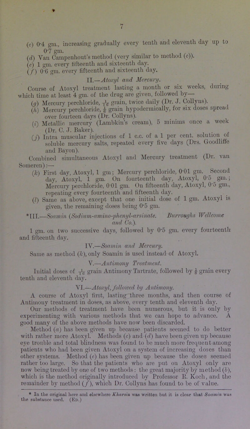 (c) 0’4 gin., increasing gradually every tenth and eleventh day up to 07 gin. (d) Van Campenhout’s method (very similar to method (c)). (c) 1 gm. every ti fteenth and sixteenth day. (/) 0 6 gm. every fifteenth and sixteenth day. II.—Atoxyl and Mercury. Course of Atoxyl treatment lasting a month or six weeks, during wliich time at least 4 gm. of the drug are given, followed by— (^) Mercury perchloride, yg- grain, twice daily (Dr. J. C/ollyns). (/t) Mercury perchloride, ^ grain hypodermically, for six doses spread over fourteen days (Dr. Collyns). (i) Metallic mercury (Lambkin’s cream), 5 minims once a week (Dr. C. J. Baker). (y) Intra muscular injections of 1 c.c. of a 1 per cent, solution of soluble mercury salts, repeated every five days (Drs. Goodliffe and Bayon). Combined simultaneous Atoxyl and Mercury treatment (Dr. van Someren):— (7c) First day, Atoxyl, 1 gin; Mercury perchloride, 0 01 gm. Second day, Atoxyl, 1 gm. On fourteenth day, Atoxyl, 0-5 _gm.; Mercury perchloride, 0 01 gm. On fifteenth day, Atoxyl, O'O gm., repeating every fourteenth and fifteenth day. (7) Same as above, except that one initial dose of 1 gm. Atoxyl is given, the remaining doses being 0'5 gm. *III.—Soamin (Sodium-amino-phenyl-arsinate. Burroughs Wellcome and Co.). 1 gm. on two successive days, followed by 0‘5 gm. every fourteenth and fifteenth day. IV.—Soamin and Mercury. Same as method (7c), only Soamin is used instead of Atoxyl. V.—Antimony Treatment. Initial doses of j'g grain Antimony Tartrate, followed by ^ grain every tenth and eleventh day. VI.—Atoxyl, followed hy Antimony. A course of Atoxyl first, lasting three months, and then course of Antimony treatment in do.ses, as above, every tenth and eleventh day. Our methods of treatment have been numerous, but it is only by experimenting with various methods that we can hope to advance. A good many of the above methods have now been discarded. Method («) has been given up because patients seemed to do better with rather more Atoxyl. Methods (c) and {d) have been given up because eye trouble and total blindness was found to be much more frequent among patients who had been given Atoxyl on a system of increasing doses than other systems. Method (e) has been given up because the doses seemed rather too large. So that the patients who are put on Atoxyl only are now being treated by one of two methods: the great majority by method (7»), which is the method originally introduced by Professor B. Koch, and the remainder by method (/), which Dr. Collyns has found to be of value. * In the original here and elsewhere Kharsin was written but it is elear that Soamin was the substanee used. (Ed.)