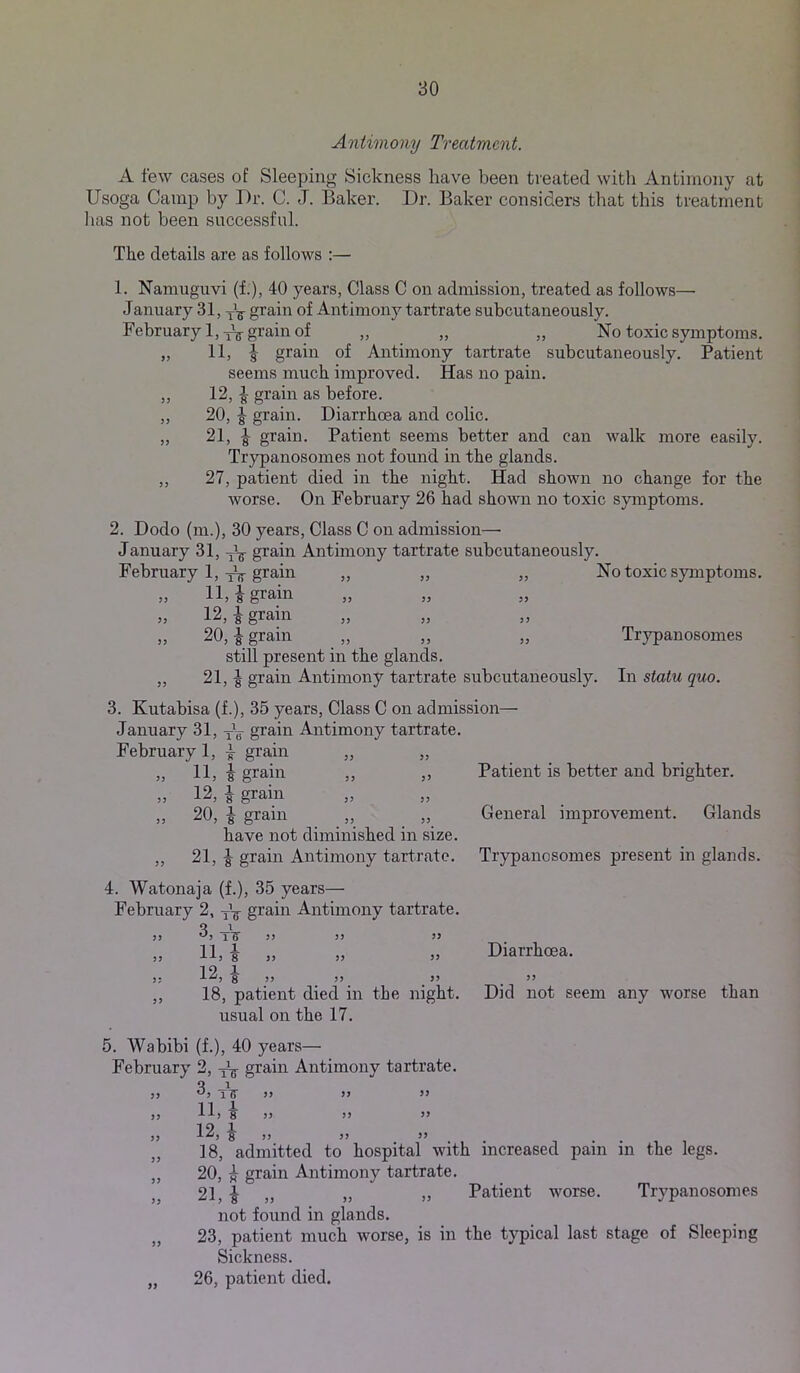 Antimony Treatment. A few cases of Sleeping Sickness have been ti'eated with Antimony at Usoga Camp by T)r. C. J. Baker. Dr. Baker considers that this treatment lias not been successful. The details are as follows :— 1. Namuguvi (f.), 40 years, Class C on admission, treated as follows— January 31, -yV grain of Antimony tartrate subcutaneously. February l,Argi’ain of „ „ „ No toxic symptoms. „ 11, i grain of Antimony tartrate subcutaneously. Patient seems much improved. Has no pain. „ 12, grain as before. ,, 20, J grain. Diarrhoea and colic. „ 21, J grain. Patient seems better and can walk more easily. Trypanosomes not found in the glands. ,, 27, patient died in the night. Had shown no change for the Avorse. On February 26 had shown no toxic symptoms. 2. Dodo (m.), 30 years. Class C on admission—• January 31, grain Antimony tartrate subcutaneously. February 1, Ar grain „ „ „ No toxic symptoms. „ 11, i grain 12, i grain „ 20, i grain ,, „ „ Trypanosomes still present in the glands. „ 21,1 grain Antimony tartrate subcutaneously. In statu quo. 3. Kutabisa (f.), 35 years. Class C on admission— January 31, yV grain Antimony tartrate. February 1, | grain „ „ „ 11, i grain ,, ,, Patient is better and brighter. „ 12, i grain „ 20, ^ grain „ „ General improvement. Glands have not diminished in size. „ 21, I grain Antimony tartrate. Trypanosomes present in glands. 4. Watonaja (f.), 35 years— February 2, y’-g- grain Antimony tartrate. >5 33 33 ^3 iB n i -*■•*-3 8 33 33 33 19 1 •^‘3 8 5’ J’ 18, patient died in the night usual on the 17. Diarrhoea. 33 Did not seem any worse than 5. Wabibi (f.), 40 years— February 2, -^g- grain Antimony tartrate. ,, iTT J> ’) >> 11 1 ,, ri, ^ ,, ,, ,, ,, 12, i' ,, ,» ”... , . . , , „ 18, admitted to hospital with increased pain in the legs. ,, 20, ^ grain Antimony tartrate. 21, I ,, „ „ Patient worse. Trypanosomes not found in glands. „ 23, patient much worse, is in the typical last stage of Sleeping Sickness. „ 26, patient died.