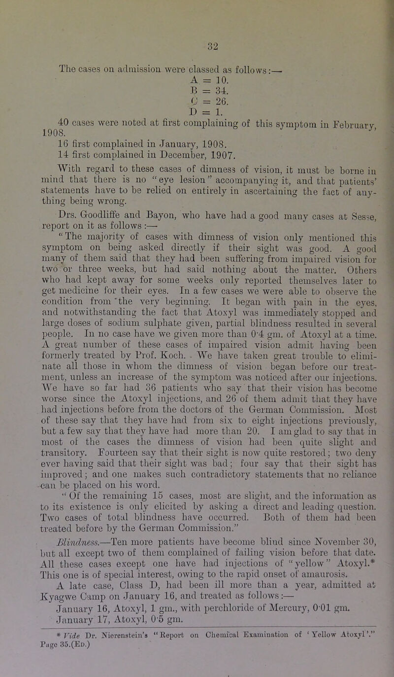 The cases on admission were classed as follows:— A = 10. B = 34. = 26. D = 1. 40 cases were noted at first complaining of this symptom in Februarv 1,908. 16 first complained in January, 1908. 14 first complained in December, 1907. With regard to these cases of dimness of vision, it must be borne in mind that there is no “ eye lesion ” accompanying it, and that patients’ statements have to be relied on entirely in ascertaining the fact of any- thing being wrong. Drs. Gpodliffe and Bayon, who have had a good many cases at Sesse, report on it as follows :— “The majority of cases with dimness of vision only mentioned this symptom on being asked directly if their sight was good. A good many of them said that they had been suffering from impaired vision for two or three weeks, but had said nothing about the matter. Others who had kept away for some weeks only reported themselves later to get medicine for their eyes. In a few cases we were able to observe the condition from 'the very beginning. It began with pain in the eyes, and notwithstanding the fact that Atoxyl was immediately stopped and large doses of sodium sulphate given, partial blindness resulted in several people. In no case have we given more than 0'4 gm. of Atoxyl at a time. A great number of these cases of impaired vision admit having been formerly treated by Prof. Koch. . We have taken great trouble to elimi- nate all those in whom the dimness of vision began before our treat- ment, unless an increase of the symptom was noticed after our injections. We have so far had 36 patients who say that their idsion has become worse since the Atoxyl injections, and 26 of them admit that they have had injections before from the doctors of tlie G-ermau Commission. ]\Iost of these say that they have had from six to eight injections previously, but a few say that they have had more than 20. I am glad to say that in most of the cases the dimness of vision had been quite slight and transitory. Fourteen say that their sight is now quite restored; two deny ever having said that their sight was bad; four say that their .sight has improved; and one makes such contradictory statements that no reliance -can be placed on his word. “ Of the remaining 15 cases, most are sliglit, and the information as to its existence is only elicited by asking a direct and leading question. Two cases of total blindness have occurred. Both of them had been treated before by the German Commission.” Blindness.—Ten more patients have become blind since November 30, but all except two of them complained of failing vision before that date. All these cases except one have had injections of “yellow” Atoxyl.* This one is of special interest, owing to the rapid onset of amaurosis. A late case. Class D, had been ill more than a year, admitted at Kyagwe Camp on January 16, and treated as follows:— January 16, Atoxyl, 1 gm., with perchloride of Mercury, O’Ol gm. January 17, Atoxyl, Q-5 gm. * T^ide Dr. Niorenstein’s “Keporfc on Chemical Examination of ‘Yellow Atoxyl’.’’ Page 35.(Ed.)