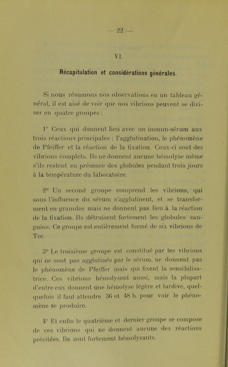 VI. Récapitulation et considérations générales. Si nous résumons nos observations en un taldeau gé- néral, il est aisé de voir (jiie nos vibrions peuvent se divi- ser en quatre groupes ; 1° Ceux qui donnent lieu avec un imnmn-sérum aux trois réaelions ))rincipales : l’agglutination, le phénomène de Pfeilfer et la réaction de la lixation. Ceux-ci sont des vibrions complets. Ils ne donnent aucune hémolyse même s’ils restent en présence des globules ])endant trois jours à la température du laboratoire. 2° Un second groupe comprend les vibrions, qui sous l’iniluence du sérum s'agglutinent, et se transfor- ment en granules mais ne donnent pas lieu à la réaction de la fixation. Ils détruisent fortement les globules san- guins. Ce groupe est entièrement formé de six vibrions de Tor. 3® Le troisième groupe est constitué par les vibrions qui ne sont pas agglutinés par le sérum, ne donnent pas le phénomène de Pfeiffer mais qni fixent la sensibilisa- trice. Ces vibrions hémolysent aussi, mais la plupart d’entre eux donnent une hémolyse légère et tardive, quel- quefois il faut attendre 3(i et 48 h. pour voir le phéno- mène êe produire. 4° Et enfin le quatrième et dernier groupe se compose de ces vibrions qui ne donnent aucune des réactions précitées, fis sont fortement liémolysants.