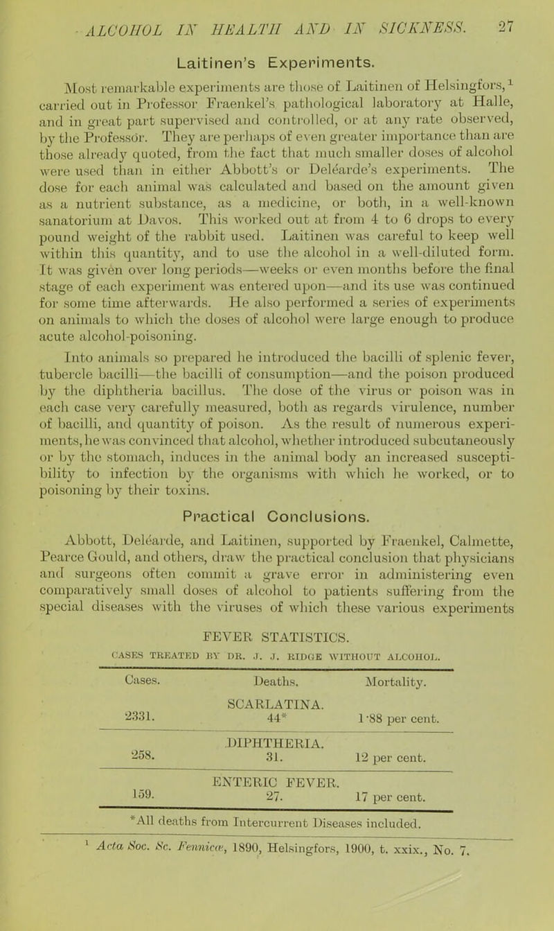 Laitinen’s Experiments. jNlo.st lemarkable experiments are tliose of Laitineii of Helsingfors,^ carried out in Professor Fraenkel’s pathological laboratoiy at Halle, and in great part supervised and controlled, or at any rate observed, by the Professor. They ai e perhaps of even gi’eater importance than are those already quoted, fi-om the fact that much smaller doses of alcohol were used than in either Abbott’s or Delearde’s experiments. The dose for each animal was calculated and ba.sed on the amount given as a nutrient substance, as a medicine, or both, in a well-known sanatorium at Davos. This worked out at from 4 to 6 drops to every pound weight of the rabbit used. Laitinen was careful to keep well within this quantity, and to use the alcohol in a well-diluted form. It was given over long period.s—weeks or even months before the final stage of each experiment was entered upon—and its use was continued for some time afterwards. He also performed a .series of experiments on animals to which the doses of alcohol were large enough to produce acute alcohol-poisoning. Into animals so prepared he introduced the bacilli of .splenic fever, tubercle bacilli—the bacilli of consumption—and the poi.son produced b}^ the diphtheria bacillus. The dose of the virus or poison was in each case very carefully measured, both as regards virulence, number of bacilli, and quantity of poison. As the result of numerous experi- ments, he was convinced that alcohol, whether introduced subcutaneously or by the stomach, induces in the animal body an increased suscepti- bility to infection by the organisms with which he worked, or to poi.soning by their toxins. Practical Conclusions. Abbott, Delcarde, and Laitinen, supported by Fraenkel, Calmette, Pearce Gould, and othens, draw the practical conclusion that physicians and surgeons often commit a grave error in administering even comparatively small do.ses of alcohol to patients suffering from the .special diseases with the viruses of which the.se various experiments FEVER STATISTICS. CASES TREATED 1?V DR. .J. .J. RIDGE WITHOUT ALCOHOJ.. Cases. Deaths. Mortalit}'. •2331. SCARLATINA. 44* 1 88 per cent. •258. DIPHTHERIA. 31. 12 per cent. 159. ENTERIC FEVER. 27. 17 per cent. *A11 deaths from Intercurrent Diseases included. ' Arta S’oc. ^c. Fenniw, 1890, Helsingfors, 1900, t. xxix.. No. 7.