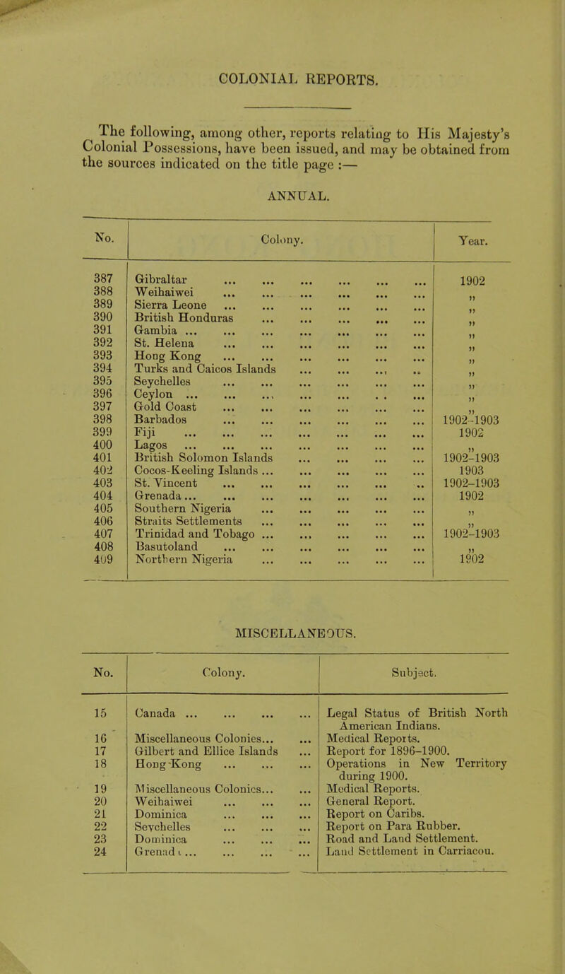 COLONIAL REPORTS. The following, among other, reports relating to His Majesty’s Colonial Possessions, have been issued, and may be obtained from the sources indicated on the title page :— ANNUAL. No. Coli>ny. Year. 387 Gibraltar 1902 388 Weihaiwei 389 Sierra Leone 390 British Honduras 391 Gambia 392 St. Helena 393 Hong Kong 394 Turks and Caicos Islands 395 Seychelles 396 Ceylon 397 Gold Coast 398 Barbados 1902-1903 399 Fiji 1902 400 Lagos >) 401 British Solomon Islands 1902-1903 402 Cocos-Keeling Islands 1903 403 St. Vincent 1902-1903 404 Grenada... 1902 405 Southern Nigeria n 406 Straits Settlements 407 Trinidad and Tobago 1902-1903 408 Basutoland 409 Nortbern Nigeria 1902 MISCELLANEOUS. No. Colony. Subject. 15 Canada ... Legal Status of British North American Indians. 16 Miscellaneous Colonies... Medical Reports. 17 Gilbert and Ellice Islands Report for 1896-1900. 18 Hong‘Kong Operations in New Territory during 1900. 19 IMiscellaneous Colonics... Medical Reports. 20 Weihaiwei General Report. 21 Dominica Report on Caribs. 22 Seychelles Report on Para Rubber. 23 Dominica Road and Land Settlement. 24 Grenadi... Laud Settlement in Carriacou.