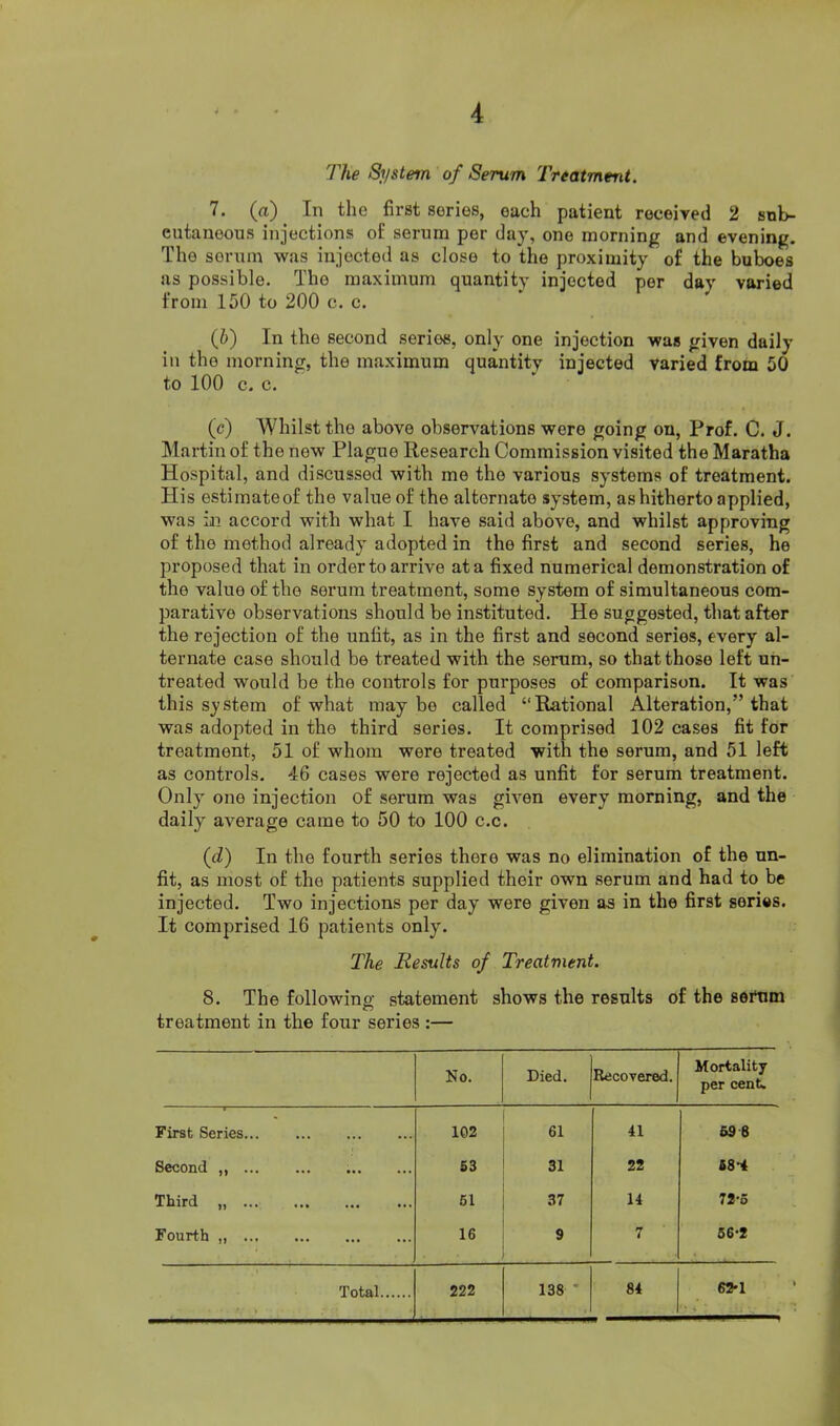 The System of Serum Treatment, 7. (a) In the first series, each patient received 2 snb- eutaneous injections of serum per day, one morning and evening. The serum was injected as close to the proximity of the buboes as possible. The maximum quantity injected per day varied from 150 to 200 c. c. (h) In the second series, only one injection was given daily in the morning, the maximum quantity injected varied from 50 to 100 c. c. (c) Whilst the above observations were going on. Prof. C. J. Martin of the new Plague Research Commission visited the Maratha Hospital, and discussed with me the various systems of treatment. His estimateof the value of the alternate system, as hitherto applied, was in accord with what I have said above, and whilst approving of the method already adopted in the first and second series, he proposed that in order to arrive at a fixed numerical demonstration of the value of the serum treatment, some system of simultaneous com- parative observations should be instituted. He suggested, that after the rejection of the unfit, as in the first and second series, every al- ternate case should be treated with the serum, so that those left un- treated would be the controls for purposes of comparison. It was this system of what may be called “Rational Alteration,” that was adopted in the third series. It comprised 102 cases fit for treatment, 51 of whom were treated with the serum, and 51 left as controls. 46 cases were rejected as unfit for serum treatment. Only one injection of serum was given every morning, and the daily average came to 50 to 100 c.c. (d) In the fourth series there was no elimination of the un- fit, as most of the patients supplied their own serum and had to be injected. Two injections per day were given as in the first series. It comprised 16 patients only. The Results of Treatment. 8. The following statement shows the results of the serum treatment in the four series :— No. Died. Recovered. Mortality per cent. First Series 102 61 41 59 8 Second „ 53 31 22 68-4 Third 61 37 14 72-5 Fourth 16 9 7 56-2 84 62-1