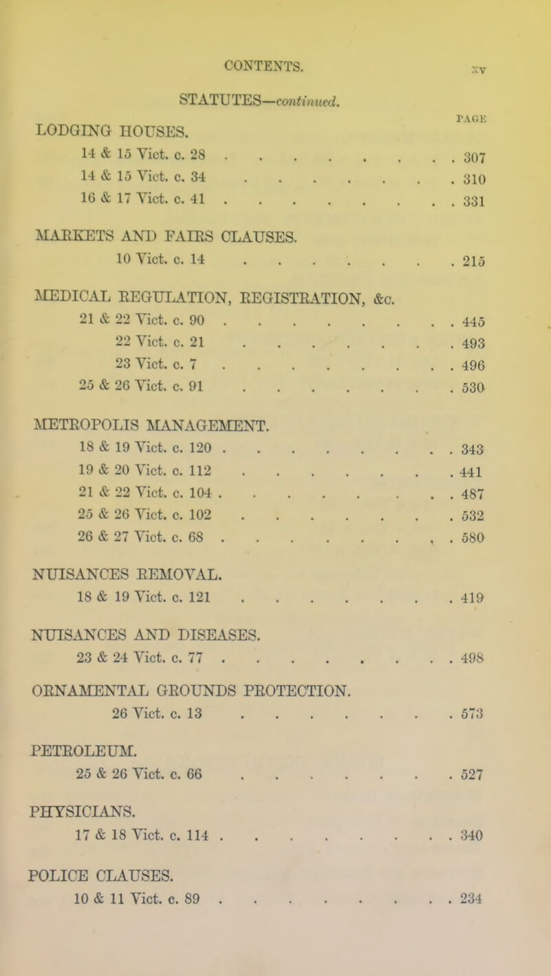 :;v STATUTES—continued. PAGE LODGING HOUSES. 14 & 15 Yict. c. 28 307 14 & 15 Yict. c. 34 310 16 & 17 Yict. c. 41 331 MARKETS AND FAIRS CLAUSES. 10 Yict. c. 14 215 MEDICAL REGULATION, REGISTRATION, &c. 21 & 22 Yict. c. 90 445 22 Yict. c. 21 493 23 Yict. c. 7 496 25 & 26 Yict. c. 91 530 METROPOLIS MANAGEMENT. 18 & 19 Yict. c. 120 343 19 & 20 Yict. c. 112 441 21 & 22 Viet. c. 104 487 25 & 26 Yict. c. 102 532 26 & 27 Yict. c. 68 . 580 NUISANCES REMOVAL. 18 & 19 Yict. c. 121 419 NUISANCES AND DISEASES. 23 & 24 Yict. c. 77 498 ORNAMENTAL GROUNDS PROTECTION. 26 Yict. c. 13 573 PETROLEUM. 25 & 26 Yict. c. 66 527 PHYSICIANS. 17 & 18 Yict. c. 114 340 POLICE CLAUSES.