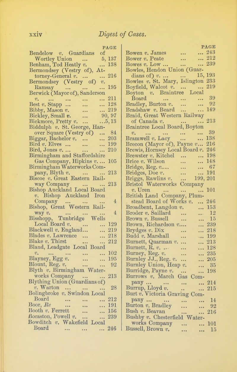 PAGE Bendelow v. Guardians of Wortley Union ... 5, 137 Benham, Tod Heatly v, ... 138 Bermondsey (Vestry of), At- torney-General V 216 Bermondsey (Vestry of) v. Ramsay ... ... ... 195 Berwick (Mayor of), Sanderson V 211 Best V. Stapp 128 Bibby, Mason v. ... ... 219 Bickley, Small w. ... 90,97 Bickmore, Pretty v 5,13 Biddulpli u. St. George, Han- over Square (Vestry of) ... 84 Biggar, Bachelor v 203 Bird V. Elves 199 Bird, Jones v 210 Birmingham and Staffordshire Gas Company, Hipkins v. ... 105 Birmingham Waterworks Com- pany, Blyth V. ... ... 213 Biscoe V. Great Eastern Rail- way Company 213 Bishop Auckland Local Board V. Bishop Auckland Iron Company ... ... ... 4 Bishop, Great Western Rail- way V. 4 Bisshopp, Tunbridge Wells Local Board v. ... ... 129 Blackwell v. England 219 Blades v. Lawrence ... ... 218 Blake v. Thirst 212 Bland, Leadgate Local Board V 102 Blayncy, Egg v 195 Blount, Reg. v. 92 Blyth V. Birmingham Water- works Company ... ... 213 Blything Union (Guardians of) r. Warton ... 28 Bolingbroke Swindon Local Board ... ... ... 212 Boor, lie ... 191 Booth V. Eerrett 156 Boraston, Powell v 239 Bowditch V. Wakefield Local Board 246 PAGE Bowen V. James ... ... 243 Bower v. Peate ... ... 212 Bowes V. Low ... ... ... 239 Bowles, Hendon Union (Guar- dians of) V. ... ... 15, 193 Bowles V. St. Mary, Islington 233 Boy field, Walcot v. ... ... 219 Boyton v. Braintree Local Board ... ... ... 39 Bradley, Burton v. ... ... 92 Bradshaw v. Beard 149 Braid, Great Western Railway of Canada v. 213 Braintree Local Board, Boyton V 39 B ram well iJ. Lacy ... ... 138 Brecon (Mayor of), Payne v... 216 Brewis, Hornsey Local Board v. 246 Brewster f. Kitchel ... ... 198 Brice t'. Wilson ... ... 148 Bridge, Reg. r.... ... ... 67 Bridges, Doe r. ... ... 191 Briggs, Rawlins t. ... 199, 201 Bristol Waterworks Company Uren ... ... ... 101 British Land Company, Plum- stead Board of AVorks v. ... 246 Broadbent, Langdon v. 153 Broder v. Saillard 12 Brown v. Bussell 15 Brown, Richardson v,... Brydges v. Dix 239 218 B udd -r. Marshall 199 Burnett, Quarmau v 213 Burnett, R. r Burney, Reg. v. 128 235 Burnley .IJ., Reg. V. ... 205 Burnley Union, Heap v. 35 Burridge, Payne v 198 Burrows v, March Gas Com- pany 214 Burrup, Lloyd u. 215 Burt V. Victoria Graving Com- pany 14 Burton v. Bradley 92 Bush V. Beavan 216 Bushby v. Chesterfield AVater- works Company 101 Bussell, Brown 15