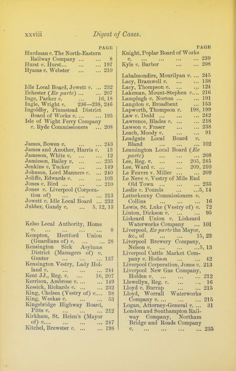 PAGE Hurdraant'. The North-Eastern llailway Company ... ... 8 Hurst V. Hurst... ... ... 197 Hyams ^7. Webster ... ... 210 Idle Local Board, Jowett v. ... 232 llchester (^Ex j)arte) 207 Inge, Parker t’. ... 16,18 Ingle, Wright v. 236—238, 216 Ingoldby, Plumstead District Board of Works v 195 Isle of Wight Perry Company f. Eyde Commissioners ... 208 James, Bowen-y. ... ... 243 James and Another, Harris r. 13 Jameson, White v 12 Jamieson. Bailey v. ... ... 235 Jenkins v. Tucker ... ... 149 Johnson, Lord Manners r. ... 240 Joliffe, Edwards r. ... ... 103 Jones V. Bird 210 Jones V. Liverpool (Corpora- tion of) ... 213 Jowett V. Idle Local Board ... 232 Jubber, Gandy v. ... 5, 12, 13 Kelso Local Authority, Home r 8 Kempton, Hertford Union (Guardians of) v. ... ... 28 Kensington Sick Asylums District (Managers of) r. Gunter 137 Kensington Vestry, Lady Hol- land r. ... ... ... 244 Kent JJ., Keg. v. ... 16, 207 Kerrison, Ambrose r. ... ... 149 Kessick, Richards v. ... ... 232 King, Chelsea (Vestry of) v.... 38 King, Weekes v. 53 Kingsbridge Highway Board, Pitts V. ... ... ... 212 Kirkham, St. Helen’s (Mayor of) V 247 PAGE Ivnight, Poplar Board of Works 239 Kyle V. Barbor ... ... 208 Labalmondire, Mourilyan ... 245 Lacy, Bramwell v. ... ... 138 Lacy, Thompson v ..124 Lakeman, Mount-Stephen t\... 216 Lamplugh v. Norton ... ... 191 Langdon v. Broadbent ... 153 Lapworth, Thompson v. 198, 199 Law f. Dodd ... ... ... 242 Lawrence, Blades r. ... ... 218 Lawson Eraser ... ... 238 Leach, Moody r. 91 Leadgate Local Board v. Bland ... ... ... 102 Leamington Local Board (^Ex 2}arte) ... ... ... 208 Lee, Reg. v. ... ... 205, 245 Lee, AVard v 209, 210 Le Peuvre V. Miller ... ... 209 Le Neve v. Vestry of Mile End Old Town ... ... ... 235 Leslie v. Pounds ... ...5, 14 Letterkenny Commissioners v. Collins ... ... ... 16 Lewis, St. Luke (Vestry of) v. 72 Linton, Dickson v. ... ... 95 Liskeard Union r. Liskeard Waterworks Company ... 101 Liverpool, Exjxirte the Mayor. &c., of 15, 23 Liverpool Brewery Company, Nelson v 5, 13 Liverpool Cattle Market Com- pany v. Hodson ... ... 42 Liverpool Corporation, Jones v.. 213 Liverpool New Gas Company, Holden v. ... ... ... 212 Llewellyn, Reg. v 16 Lloyd t'. Burrup ... ... 215 Lloyd, Worrall AVaterworks Company v 215 Logan, Attorney-General v. ... 31 London and Southampton Rail- way Company, Noi'tham Bridge and Roads Company