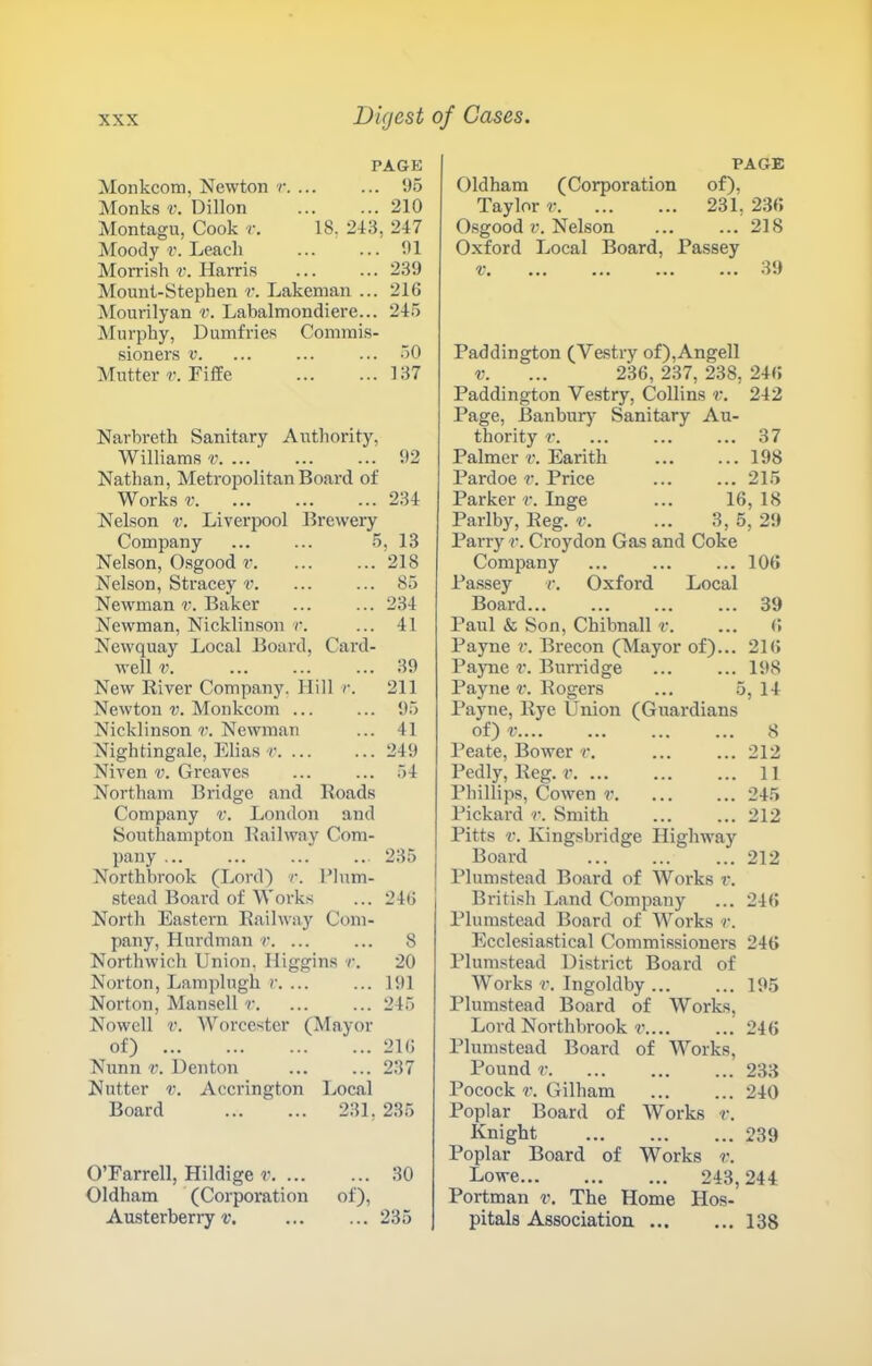 PAGE Monkcom, Newton r. ... ... 95 Monks V. Dillon 210 Montagu, Cook r. 18, 243, 247 Moody t’. Leach ... ... 91 Morrish v. Harri.s 239 Mount-Stephen Lakenian ... 216 Mourilyan v. Labalmondiere... 245 Murphy, Dumfries Commis- •sioners v. ... ... ... 50 Mutter r. Fiffe ... ... 137 Narbreth Sanitary Authority, Williams®.... ... ... 92 Nathan, Metropolitan Board of Works® 234 Nelson v. Liverpool Brewery Company ... ... 5, 13 Nelson, (ksgood r. ... ... 218 Nelson, Strace)'’t'. ... ... 85 Newman ®. Baker ... ... 234 Newman, Nickliuson r. ... 41 Newquay Local Board, Cai’d- well V. ... ... ... 39 New River Company. Hill r. 211 Newton v. Monkcom ... ... 95 Nicklinson ®. Newman ... 41 Nightingale, Elias r 249 Niven ®. Greaves ... ... 54 Northam Bridge and Roads Company ®. London and Southampton Railway Com- pany ... ... ... .. 235 Northbrook (Lord) r. Plum- stead Board of Works ... 246 North Eastern Railway Com- pany, Hurdman r. ... ... 8 Northwich Union, Higgins r. 20 Norton, Lamplugh r. ... ... 191 Norton, Mansell r. ... ... 245 Nowell V. Worcester (Mayor of) 216 Nunn V. Denton ... ... 237 Nutter ®. Accrington Local Board 231, 235 O’Farrell, Hildige r. ... Oldham (Corporation Austerberry ®, of). 30 PAGE Oldham (Corporation of), Taylor ®. ... ... 231, 236 Osgood ®. Nelson ... ... 218 Oxford Local Board, Passey r. ... ... ... ... 39 Paddington (Vestry of),Angell V. ... 236, 237, 238, 246 Paddington Vestry, Collins ®. 242 Page, Banbur)' Sanitary Au- thority r. ... ... ... 37 Palmer v. Earith 198 Pardoe ®. Price ... ... 215 Parker ®. Inge ... 16,18 Parlby, Reg. ®. ... 3, 5, 29 Parry r. Croydon Gas and Coke Company ... ... ... 106 Passey r. Oxford Local Board... ... ... ... 39 Paul & Son, Chibnall v. 6 Payne v. Brecon (Mayor of)... 216 Pa)me r. Burridge 198 Payne ®. Rogers ... c i, 14 Payne, Rye Union (Guardians of) V.... 8 Peate, Bower r. 212 Pedly, Reg. ® 11 Phillips, Cowen r. 245 Pickard r. Smith 212 Pitts r. Kingsbridge Highway Board 212 Plumstead Board of Works r. British Land Company ... 246 Plumstead Board of Works r. Ecclesiastical Commissioners 246 Plumstead District Board of Works ®. Ingoldby ... ... 195 Plumstead Board of Works, Lord Northbrook ®.... ... 246 Plumstead Board of Works, Pound ®. ... ... ... 233 Pocock ®. Gilliam ... ... 240 Poplar Board of Works r. Knight 239 Poplar Board of Works r. Lowe 243, 244 Portman v. The Home Hos- pitals Association 138 235