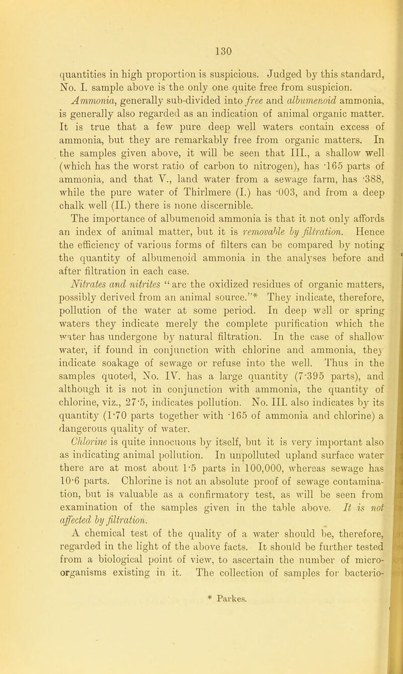 quantities in high proportion is suspicious. Judged by this standard, No. I. sample above is the only one quite free from suspicion. Ammonia, generally sub-divided into free and albumenoid ammonia, is generally also regarded as an indication of animal organic matter. It is true that a few pure deep well waters contain excess of ammonia, but they are remarkably free from organic matters. In the samples given above, it will be seen that III., a shallow well (which has the worst ratio of carbon to nitrogen), has ’165 parts of ammonia, and that V., land water from a sewage farm, has -388, while the pure water of Thirlmere (I.) has -003, and from a deep chalk well (II.) there is none discernible. The importance of albumenoid ammonia is that it not only affords an index of animal matter, but it is removable by filtration. Hence the efficiency of various forms of filters can be compared by noting the quantity of albumenoid ammonia in the analyses before and ‘ after filtration in each case. Nitrates and nitrites “ are the oxidized residues of organic matters, possibly derived from an animal source.”* They indicate, therefore, pollution of the water at some period. In deep well or spring waters they indicate merely the complete purification which the water has undergone by natural filtration. In the case of shallow water, if found in conjunction with chlorine and ammonia, they indicate soakage of sewage or refuse into the well. Thus in the samples quoted, No. IV. has a large quantity (7‘395 parts), and although it is not in conjunction with ammonia, the quantity of chlorine, viz., 27'5, indicates pollution. No. III. also indicates by its quantity (T70 parts together with T65 of ammonia and chlorine) a dangerous quality of water. Chlorine is quite innocuous by itself, but it is very important also as indicating animal pollution. In unpolluted upland surface water there are at most about 1-5 parts in 100,000, whereas sewage has 10‘6 parts. Chlorine is not an absolute proof of sewage contamina- tion, but is valuable as a confirmatory test, as will be seen from examination of the samples given in the table above. It is not afi’eded by filtration. A chemical test of the quality of a water should be, therefore, regarded in the light of the above facts. It should be further tested from a biological point of view, to ascertain the number of micro- j organisms existing in it. The collection of samples for bacterio- ! * Parkes.