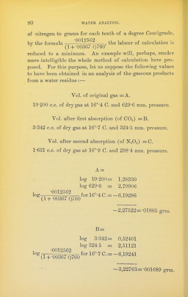 of nitrogen to grams for each tenth of a degree Centigrade. the formula ——the labour of calculation is (1 +•00357 C/bO reduced to a minimum. An example will, perhaps, render more intelligible the whole method of calculation here pro- posed. For this purpose, let us suppose the following values to have been obtained in an analysis of the gaseous products fi’om a water residue :— Vol. of original gas =A, 19'200 c.c. of dry gas at 16°'4 C. and 629‘6 mm. pressure. Vol. after first absorption (of CO2) =B. 3'342 c.c. of dry gas at 16°'7 C. and 324'5 mm. pressure. Vol. after second absorption (of N2O2) =C. 1’631 c.c. of dry gas at 16°‘9 C. and 298'4 mm. pressure. log log 19’200 = log 629‘6 ■— •0012562 (1 +-00367 0760 forl6°-4C.= 1,28330 2,79906 6,19286 -2,27522=-01885 grm. B = log 3-342 = log •0012562 (1 +-00367 0760 log 324 5 = forl6°-7C.= 0,52401 2,51121 -6,19241 — 3,22763=-001689 grm.