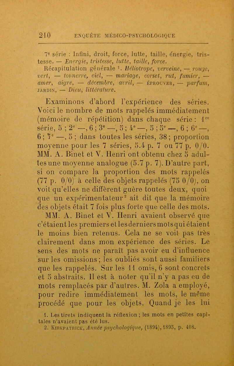 7e série : Infini, droit, force, lutte, taille, e'nergie, tris- tesse. — Energie, tristesse, lutte, taille, force. Récapitulation générale R Héliotrope, verveine, — rouge, vert, — tonnerre, ciel, — mariage, corset, rut, fumier, — amer, aigre, — décembre, avril, — éprouver, — parfum, jardin, — Dieu, littérature. Examinons d’abord l’expérience des séries. Voici le nombre de mois rappelés immédiatement (mémoire de répétition) dans chaque série: lre série, 5 ; 2e —, 6 ; 3e —, 5 ; 4e —, 5 ; 5° —, 6 ; 6e —, 6 ; 7 e —, 5 ; dans toutes les séries, 38 ; proportion moyenne pour les 7 séries, 5.4 p. 7 ou 77 p. 0/0. MM. A. Binet et V. Henri ont obtenu chez 5 adul- tes une moyenne analogue (5.7 p. 7). D’autre part, si on compare la proportion des mots rappelés (77 p. 0/0) à celle des objets rappelés (75 0/0), on voit qu’elles ne diffèrent, guère toutes deux, quoi que un expérimentateur2 ait dit que la mémoire des objets était 7 fois plus forte que celle des mots. MM. A. Binet et V. Henri avaient observé que c’étaient les premiers et les derniers mots qui étaient le moins bien retenus. Cela ne se voit pas très clairement dans mon expérience des séries. Le sens des mots ne parait pas avoir eu d’influence sur les omissions ; les oubliés sont aussi familiers que les rappelés. Sur les 11 omis, 6 sont concrets et 5 abstraits. 11 est à noter qu'il n'y a pas eu de mots remplacés par d’autres. M. Zola a employé, pour redire immédiatement les mots, le même procédé que pour les objets. Quand je les lui 1. Les tirets indiquent la réflexion; les mots en petites capi- tales n’avaient pas été lus. 2. Kirkpatrick, Année psychologique, (1894), lS9o, p. 408.