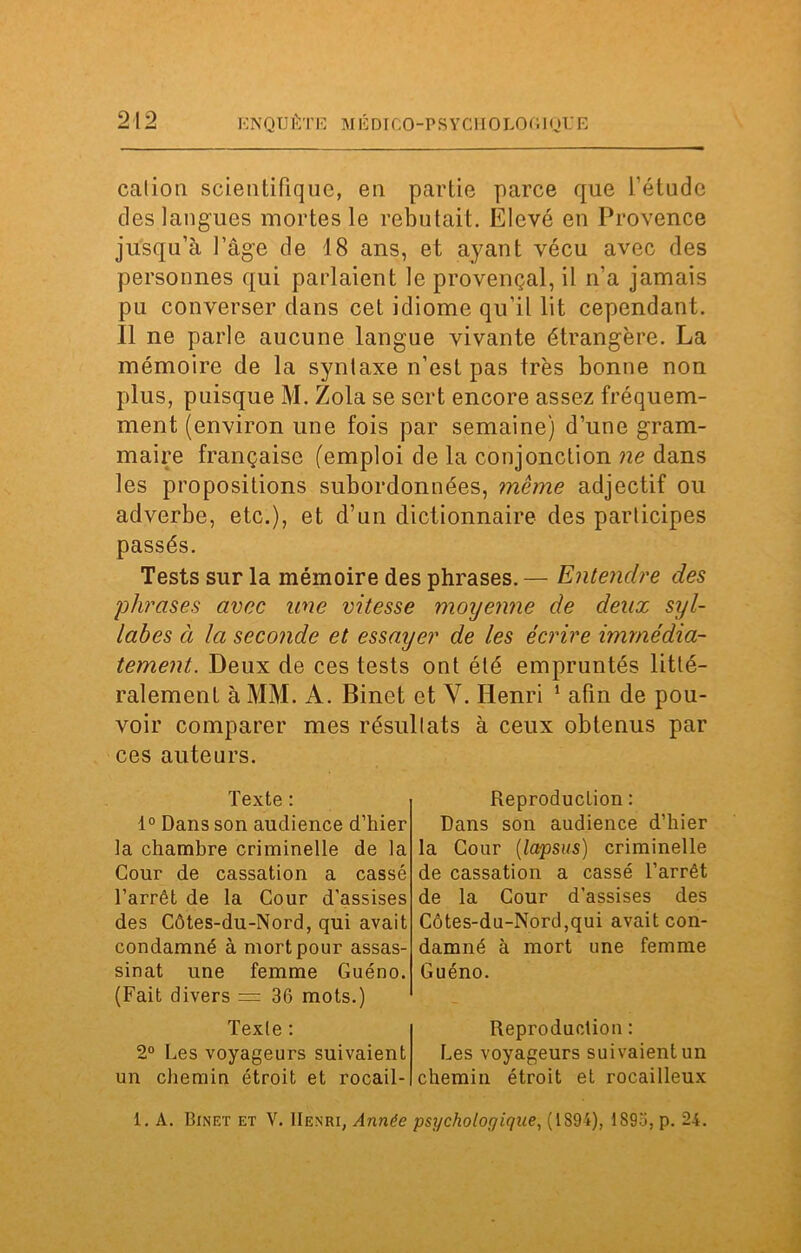cal ion scientifique, en partie parce que l’étude des langues mortes le rebutait. Elevé en Provence jusqu’à l’âge de 18 ans, et ayant vécu avec des personnes qui parlaient le provençal, il n’a jamais pu converser clans cet idiome qu’il lit cependant. Il ne parle aucune langue vivante étrangère. La mémoire de la syntaxe n’est pas très bonne non plus, puisque M. Zola se sert encore assez fréquem- ment (environ une fois par semaine) d’une gram- maire française (emploi de la conjonction ne dans les propositions subordonnées, même adjectif ou adverbe, etc.), et d’un dictionnaire des participes passés. Tests sur la mémoire des phrases.— Entendre des phrases avec une vitesse moyenne de deux syl- labes à la seconde et essayer de les écrire immédia- tement. Deux de ces tests ont été empruntés litté- ralement à MM. A. Binet et V. Henri 1 afin de pou- voir comparer mes résultats à ceux obtenus par ces auteurs. Texte : 1° Dans son audience d’hier la chambre criminelle de la Cour de cassation a cassé l’arrêt de la Cour d’assises des Côtes-du-Nord, qui avait condamné à mort pour assas- sinat une femme Guéno. (Fait divers = 36 mots.) Texte : 2° Les voyageurs suivaient un chemin étroit et rocail- Reproduction : Dans son audience d’hier la Cour (lapsus) criminelle de cassation a cassé l’arrêt de la Cour d’assises des Côtes-du-Nord,qui avait con- damné à mort une femme Guéno. Reproduction : Les voyageurs suivaient un chemin étroit et rocailleux 1. A. Binet et V. Henri, Année psychologique, (1S94), 1895, p. 24.