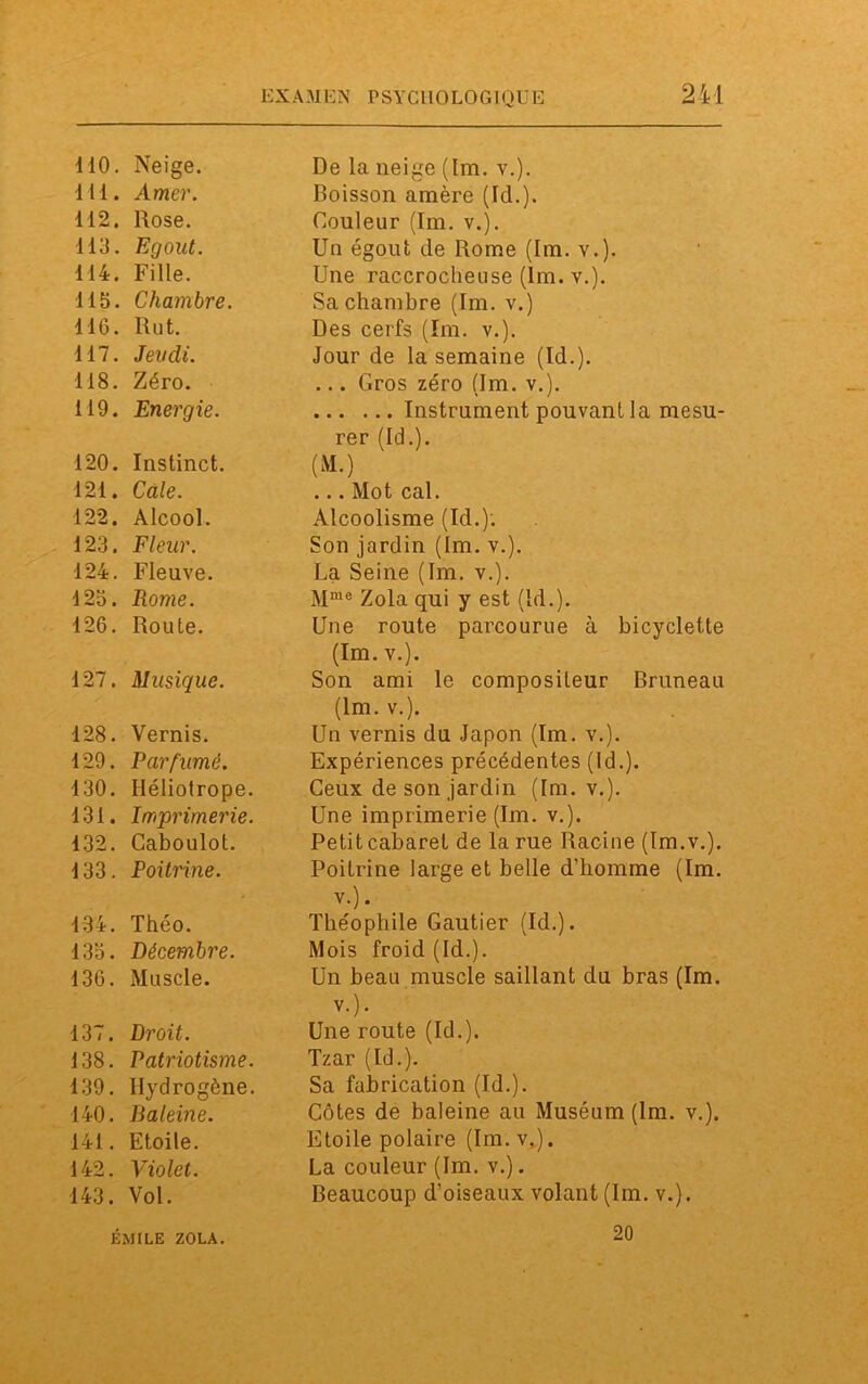 110. Neige. 111. Amer. 112. Rose. 113. Egout. 114. Fille. 115. Chambre. 116. Rut. 117. Jeudi. 118. Zéro. 119. Energie. 120. Instinct. 121. Cale. 122. Alcool. 123. Fleur. 124. Fleuve. 125. Rome. 126. Route. 127. Musique. 128. Vernis. 129. Parfumé. 130. Héliotrope. 131. Imprimerie. 132. Caboulot. 133. Poitrine. 134. Théo. 135. Décembre. 136. Muscle. 137. Droit. 138. Patriotisme. 139. Hydrogène. 140. Baleine. 141. Etoile. 142. Violet. 143. Vol. De la neige (Im. v.). Eoisson amère (Id.). Couleur (Im. v.j. Un égout de Rome (Im. v.). Une raccrocheuse (Im. v.). Sa chambre (Im. v.) Des cerfs (Im. v.). Jour de la semaine (Id.). ... Gros zéro (Im. v.). Instrument pouvant la mesu- rer (Id.). (M.) ... Mot cal. Alcoolisme (Id.); Son jardin (Im. v.). La Seine (Im. v.). Mme Zola qui y est (kl.). Une route parcourue à bicyclette (Im. v.). Son ami le compositeur Bruneau (lm. v.). Un vernis du Japon (Im. v.). Expériences précédentes (Id.). Ceux de son jardin (Im. v.). Une imprimerie (Im. v.). Petit cabaret de la rue Racine (Im.v.). Poitrine large et belle d’homme (Im. v.). Théophile Gautier (Id.). Mois froid (Id.). Un beau muscle saillant du bras (Im. v.). Une route (Id.). Tzar (Id.). Sa fabrication (Id.). Côtes de baleine au Muséum (lm. v.). Etoile polaire (Im. v.). La couleur (Im. v.). Beaucoup d’oiseaux volant (Im. v.). 20 ÉMILE ZOLA.