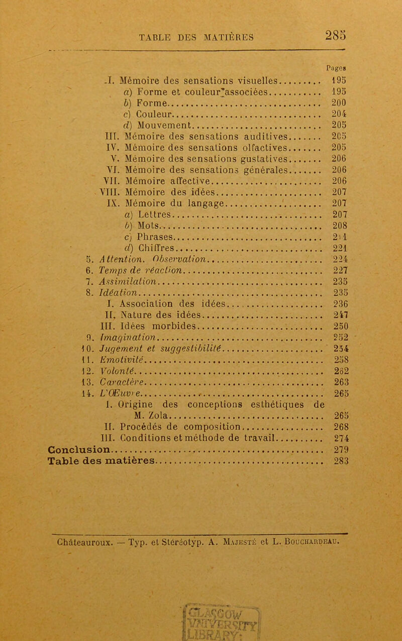 Pages -I. Mémoire des sensations visuelles 195 a) Forme et couleur'associées 195 b) Forme 200 c) Couleur 204 d) Mouvement 205 III. Mémoire des sensations auditives 2C5 IV. Mémoire des sensations olfactives 205 V. Mémoire des sensations gustatives 206 VI. Mémoire des sensations générales 206 VII. Mémoire affective 206 VTII. Mémoire des idées 207 IX. Mémoire du langage 1 207 a) Lettres 207 b) Mots 208 c) Phrases 211 d) Chiffres 221 5. Attention. Observation 224 6. Temps de réaction 227 7. Assimilation 235 8. Idéation 235 I. Association des idées..., 236 II. Nature des idées 247 III. Idées morbides 250 9. Imagination 252 10. Jugement et suggestibilité 254 U. Emotivité 258 12. Volonté 262 13. Caractère 263 14. L'Œuve 265 I. Origine des conceptions esthétiques de M. Zola 265 II. Procédés de composition 268 111. Conditions et méthode de travail 274 Conclusion 279 Table des matières 283