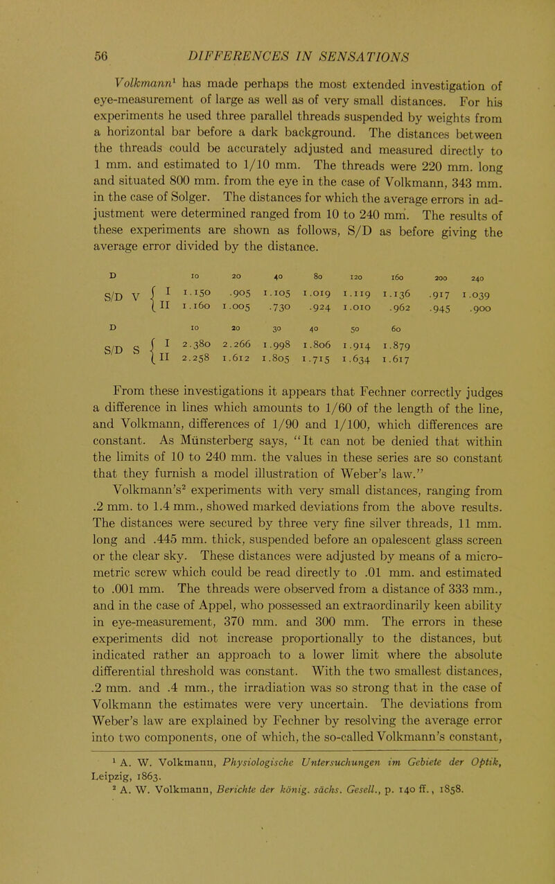 Volkmanv} has made perhaps the most extended investigation of eye-measurement of large as well as of very small distances. For his experiments he used three parallel threads suspended by weights from a horizontal bar before a dark background. The distances between the threads could be accurately adjusted and measured directly to 1 mm. and estimated to 1/10 mm. The threads were 220 mm. long and situated 800 mm. from the eye in the case of Volkmann, 343 mm. in the case of Solger. The distances for which the average errors in ad- justment were determined ranged from 10 to 240 mrh. The results of these experiments are shown as follows, S/D as before giving the average error divided by the distance. D 10 20 40 80 120 i6o 200 240 S/D V I ' 1.150 •905 I. 105 I .019 I . I 19 1.136 -917 1.039 In 1.160 1.005 •730 •924 I .010 .962 -945 .900 D 10 20 30 40 50 60 S/D S j ' 2.380 2.266 1.998 I .806 1-914 1.879 (II 2.258 1.612 1.805 1-715 1-634 1.617 From these investigations it appears that Fechner correctly judges a difference in lines which amounts to 1/60 of the length of the line, and Volkmann, differences of 1/90 and 1/100, which differences are constant. As Miinsterberg says, “It can not be denied that within the limits of 10 to 240 mm. the values in these series are so constant that they furnish a model illustration of Weber’s law.” Volkmann’s^ experiments with very small distances, ranging from .2 mm. to 1.4 mm., showed marked deviations from the above results. The distances were secured by three very fine silver threads, 11 mm. long and .445 mm. thick, suspended before an opalescent glass screen or the clear sky. These distances were adjusted by means of a micro- metric screw which could be read directly to .01 mm. and estimated to .001 mm. The threads were observed from a distance of 333 mm., and in the case of Appel, who possessed an extraordinarily keen ability in eye-measurement, 370 mm. and 300 mm. The errors in these experiments did not increase proportionally to the distances, but indicated rather an approach to a lower limit where the absolute differential threshold was constant. With the two smallest distances, .2 mm. and .4 mm., the irradiation was so strong that in the case of Volkmann the estimates were very uncertain. The deviations from Weber’s law are explained by Fechner by resolving the average error into two components, one of which, the so-called Volkmann’s constant, ^ A. W. Volkmanu, Physiologische Untersuchungen im Gebiete der Optik, Leipzig, 1863. * A. W. Volkmann, Berichte der konig. sacks. GeselL, p. 140 ff., 1S58.