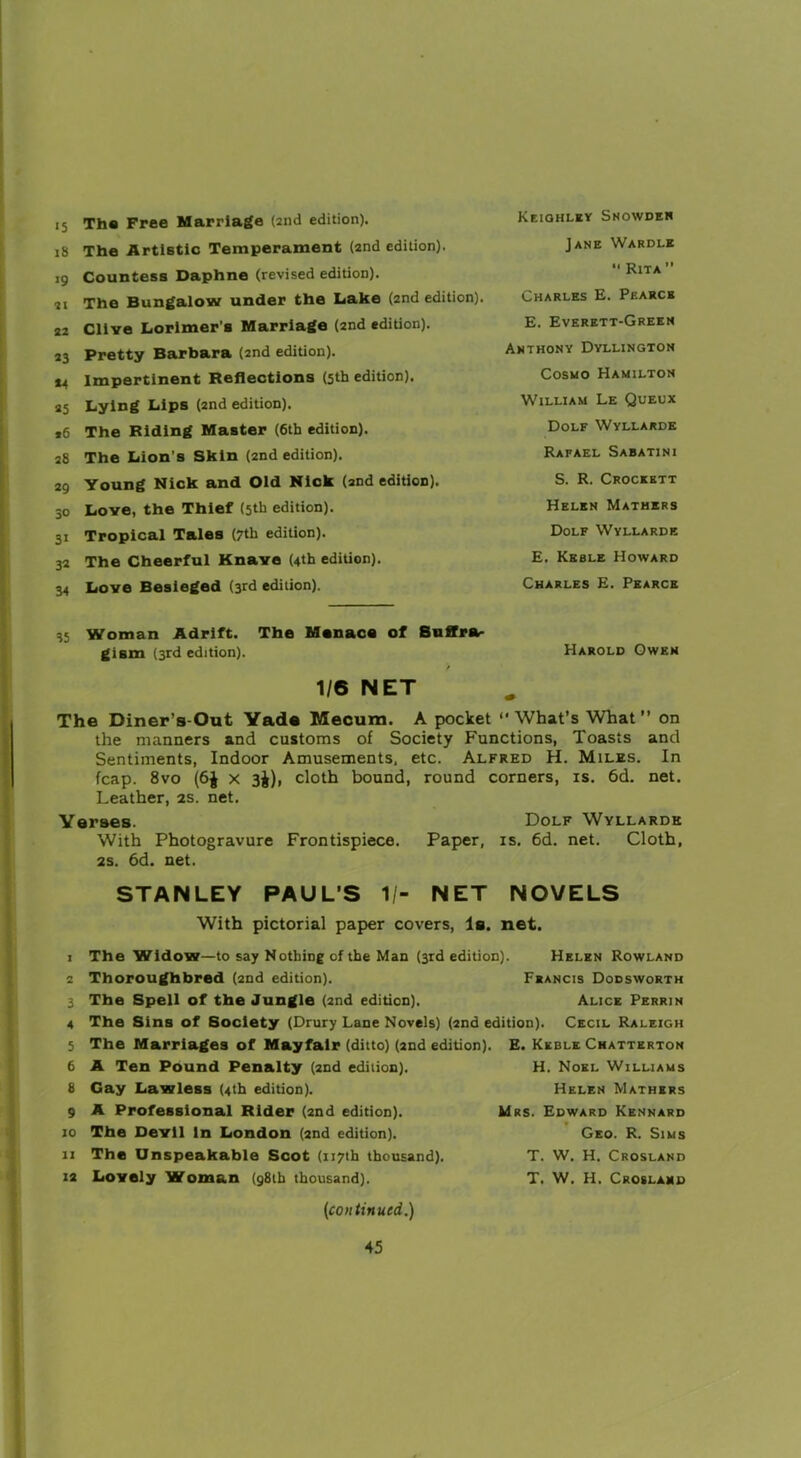 *5 The Free Marriage (2nd edition). Keighley Snowden 18 The Artistic Temperament (2nd edition). Jane Wardle '9 Countess Daphne (revised edition). “ Rita *21 The Bungalow under the Lake (2nd edition). Charles E. Pearce 22 Cliye Lorimer’s Marriage (2nd edition). E. Everett-Green 23 Pretty Barbara (2nd edition). Anthony Dyllington *4 Impertinent Reflections (5th edition). Cosmo Hamilton 25 Lying Lips (2nd edition). William Le Queux *6 The Riding Master (6th edition). Dole Wyllarde 28 The Lion's Skin (2nd edition). Rafael Sabatini 29 Young Nick and Old Nick (and edition). S. R. Crockett 30 Loyc, the Thief (5th edition). Helen Mathers 31 Tropical Tales (7th edition). Dolf Wyllarde 32 The Cheerful Knave (4th edition). E. Kkble Howard 34 Love Besieged (3rd edition). Charles E. Pearce 35 Woman Adrift. The Menace of BufTra- gism (3rd edition). Harold Owen 1/6 NET The Diner’s-Out Yade Mecum. A pocket “What’s What” on the manners and customs of Society Functions, Toasts and Sentiments, Indoor Amusements, etc. Alfred H. Miles. In fcap. 8vo (6J x 3^), cloth bound, round corners, is. 6d. net. Leather, 2S. net. Yerses. Dolf Wyllardk With Photogravure Frontispiece. Paper, is. 6d. net. Cloth, 2s. 6d. net. STANLEY PAUL’S 1/- NET NOVELS With pictorial paper covers, Is. net. 1 2 3 4 5 6 8 9 10 11 12 The Widow—to say Nothing of the Man (3rd edition). Helen Rowland Thoroughbred (2nd edition). Feancis Dodsworth The Spell of the Jungle (2nd edition). Alice Perrin The Sins of Society (Drury Lane Novels) (2nd edition). Cecil Raleigh The Marriages of Mayfair (ditto) (2nd edition). E. Kkble Chatterton A Ten Pound Penalty (2nd edition). Gay Lawless (4th edition). A Professional Rider (2nd edition). The Devil in London (2nd edition). The Unspeakable Scot (117th thousand). Loyely Woman (98th thousand). (con tinucd.) 45 H. Noel Williams Helen Mathers Mrs. Edward Kennard Geo. R. Sims T. W. H. Crosland T. W. H. Croslamd