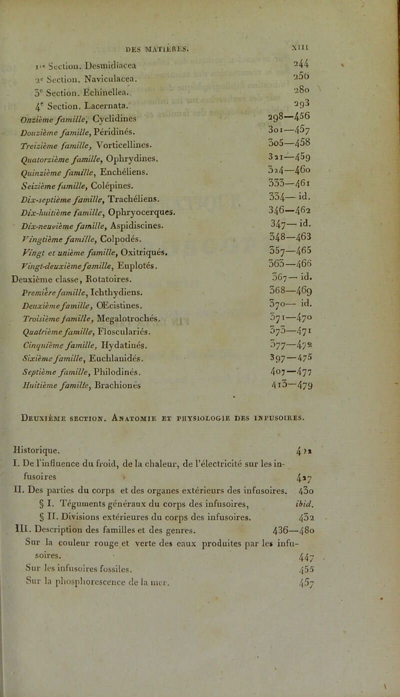 DES MATIERES. XI1L i>* Section. Desmidiacea 244 2e Section. Navicnlacea. 'j56 5e Section. Echinellca. 280 4e Section. Lacernata. 293 Onzième famille, Cyclidines 298—456 Douzième famille, Péridinés. 3oi—457 Treizième famille, Vorticellines. 3o5—45S Quatorzième famille, Oplirydines. 3ai—4^9 Quinzième famille, Enchéliens. 3 p. 4—460 Seizième famille, Colépines. 333—461 Dix-septième famille, Trachéliens. 334— id. Dix-huitième famille, Ophryocerques. 346—462 Dix-neuvième famille, Aspidiscines. 347— id. Vingtième famille, Colpodés. 548-463 Vingt et unième famille, Oxitriqués. 557—465 Vingt-deuxièmefamille, Euplotés. 365—466 Deuxième classe, Rotatoires. 567— id. Première, famille, Ichthydiens. 568—469 Deuxièmefamille, OEcistines. 370— id. Troisième famille, Megalotrochés. 5yi—47° Quatrième famille, Flosculariés. 573—471 Cinquième famille, Hydatinés. ^77—4-7 a Sixième famille, Euchlanidés. 397—475 Septième famille, Philodinés. 407—477 Huitième famille, Brachionés 415—479 Deuxième section. Anatomie et physiologie des INEUSOIKES. Historique. 4?» I. De l’influence du froid, de la chaleur, de l’électricité sur les in- fusoires 4*7 II. Des parties du corps et des organes extérieurs des in fusoires. 43o § I. Téguments généraux du corps des infusoires, ibid. § IL Divisions extérieures du corps des infusoires. 452 III. Description des familles et des genres. 436—480 Sur la couleur rouge et verte des eaux produites par le* infu- soires. 447 Sur les infusoires fossiles. 455 Sur la phosphorescence de la mer. 457