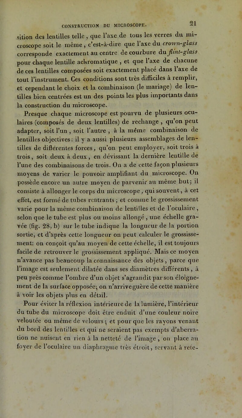 CONSTRUCTION DU MICROSCOPE. sition des lentilles telle , que l’axe de tous les verres du mi- croscope soit le même , c’est-à-dire que l’axe du crown-glass corresponde exactement au centre de courbure du Jlmt-glass pour chaque lentille achromatique , et que 1 axe de chacune de ces lentilles composées soit exactement place dans 1 axe de tout l’instrument. Ces conditions sont très difficiles a remplir, et cependant le choix et la combinaison (le mariage) de len- tilles bien centrées est un des points les plus importants dans la construction du microscope. Presque chaque microscope est pourvu de plusieurs ocu- laires (composés de deux lentilles) de rechange , qu’on peut adapter, soit l’un , soit l'autre , à la même combinaison de lentilles objectives ; il y a aussi plusieurs assemblages de len- tilles de différentes forces, qu’on peut employer, soit trois à trois, soit deux à deux, en dévissant la dernière lentille de l’une des combinaisons de trois. On a de cette façon plusieurs moyens de varier le pouvoir amplifiant du microscope. On possède encore un autre moyen de parvenir au même but; il consiste à allonger le corps du microscope, qui souvent, à cet effet, est formé de tubes rentrants ; et comme le grossissement varie pour la même combinaison de lentilles et de l’oculaire , selon que le tube est plus ou moins allongé , une échelle gra- vée (fig. 28, b) sur le tube indique la longueur de la portion sortie, et d’après cette longueur on peut calculer le grossisse- ment; on conçoit qu’au moyen de cette échelle, il est toujours facile de retrouver le grossissement appliqué. Mais ce moyen n’avance pas beaucoup la connaissance des objets , parce que l’image est seulement dilatée dans ses diamètres différents , à peu près comme l’ombre d’un objet s’agrandit par son éloigne- ment de la surface opposée-, on n’arrive guère de cette manière à voir les objets plus en détail. Pour éviter la réflexion intérieure de la lumière, l’intérieur du tube du microscope doit être enduit d’une couleur noire veloutée ou même de velours-, et pour que les rayons venant du bord des lentilles et qui ne seraient pas exempts d’aberra- tion ne nuisent en rien à la netteté de l’image , on place au foyer de l’oculaire un diaphragme très étroit, servant à rele-