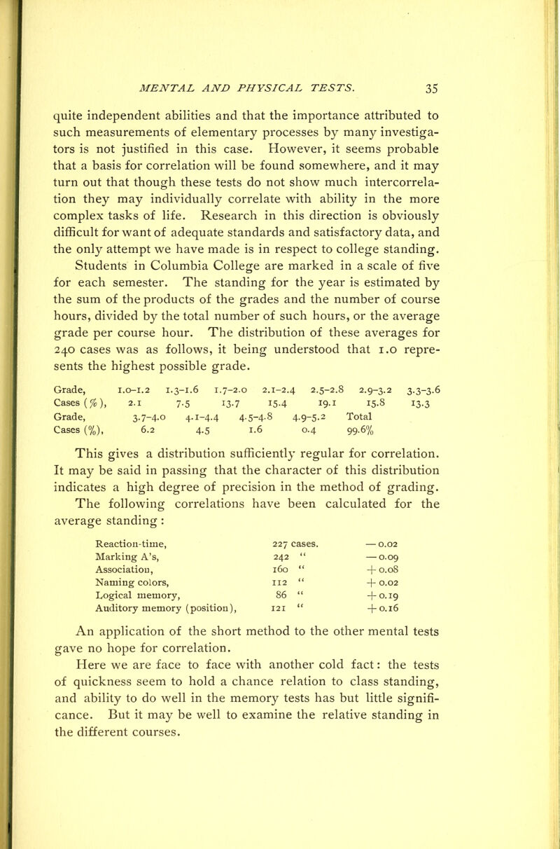 quite independent abilities and that the importance attributed to such measurements of elementary processes by many investiga- tors is not justified in this case. However, it seems probable that a basis for correlation will be found somewhere, and it may turn out that though these tests do not show much intercorrela- tion they may individually correlate with ability in the more complex tasks of life. Research in this direction is obviously difficult for want of adequate standards and satisfactory data, and the only attempt we have made is in respect to college standing. Students in Columbia College are marked in a scale of five for each semester. The standing for the year is estimated by the sum of the products of the grades and the number of course hours, divided by the total number of such hours, or the average grade per course hour. The distribution of these averages for 240 cases was as follows, it being understood that 1.0 repre- sents the highest possible grade. Grade, 1.0-1.2 1.3-1.6 1.7-2.0 2.1-2.4 2.5-2.8 2.9-3.2 3.3-3.6 Cases (%), 2.1 7.5 13.7 15.4 19.1 15.8 13.3 Grade, 3-7-4-Q 4-I~4-4 4-5-4-8 4-9~5-2 Total Cases (%), 6.2 4.5 1.6 0.4 99-6% This gives a distribution sufficiently regular for correlation. It may be said in passing that the character of this distribution indicates a high degree of precision in the method of grading. The following correlations have been calculated for the average standing : Reaction-time, 227 cases. — 0.02 Marking A’s, 242 “ — 0.09 Association, 160 “ -f 0.08 Naming colors, 112 “ + 0.02 Logical memory, 86 “ + 0.19 Auditory memory (position), 121 “ + 0.16 An application of the short method to the other mental tests gave no hope for correlation. Here we are face to face with another cold fact: the tests of quickness seem to hold a chance relation to class standing, and ability to do well in the memory tests has but little signifi- cance. But it may be well to examine the relative standing in the different courses.