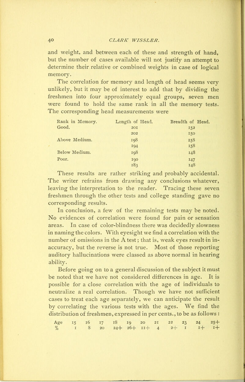 and weight, and between each of these and strength of hand, but the number of cases available will not justify an attempt to determine their relative or combined weights in case of logical memory. The correlation for memory and length of head seems very unlikely, but it may be of interest to add that by dividing the freshmen into four approximately equal groups, seven men were found to hold the same rank in all the memory tests. The corresponding head measurements were Rank in Memory. Length of Head. Breadth of Good. 201 152 202 150 Above Medium. 198 158 194 158 Below Medium. 198 148 Poor. 190 147 183 148 These results are rather striking and probably accidental. The writer refrains from drawing any conclusions whatever, leaving the interpretation to the reader. Tracing these seven freshmen through the other tests and college standing gave no corresponding results. In conclusion, a few of the remaining tests may be noted. No evidences of correlation were found for pain or sensation areas. In case of color-blindness there was decidedly slowness in naming the colors. With eyesight we find a correlation with the number of omissions in the A test; that is, weak eyes result in in- accuracy, but the reverse is not true. Most of those reporting auditory hallucinations were classed as above normal in hearing ability. Before going on to a general discussion of the subject it must be noted that we have not considered differences in age. It is possible for a close correlation with the age of individuals to neutralize a real correlation. Though we have not sufficient cases to treat each age separately, we can anticipate the result by correlating the various tests with the ages. We find the distribution of freshmen, expressed in per cents., to be as follows : Age 15 16 17 18 19 20 21 22 23 24 25+ % I 8 20 244- 264 11+ 4 2+ I 1+ 1 +